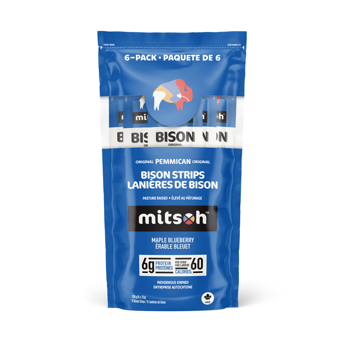 Mitsoh Traditional Bison Pemmican Strips with Maple Syrup, 4 Flavours, 23g, 6-18 Pack - Original Blueberry / 6-Pack Pouch (6 x 23g)