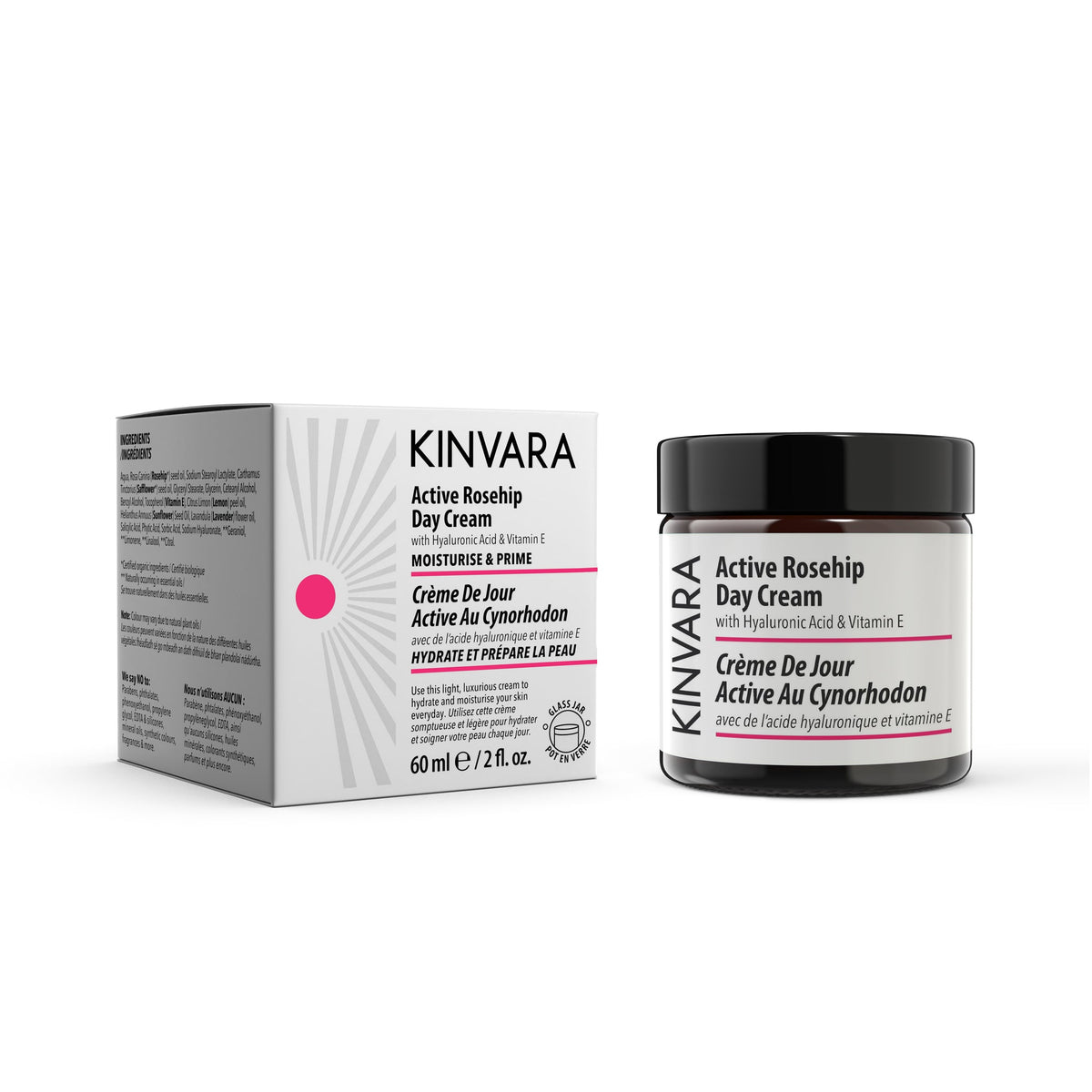 Kinvara Active Rosehip Day Cream, Light Vegan Moisturizer with Hyaluronic Acid, 60ml