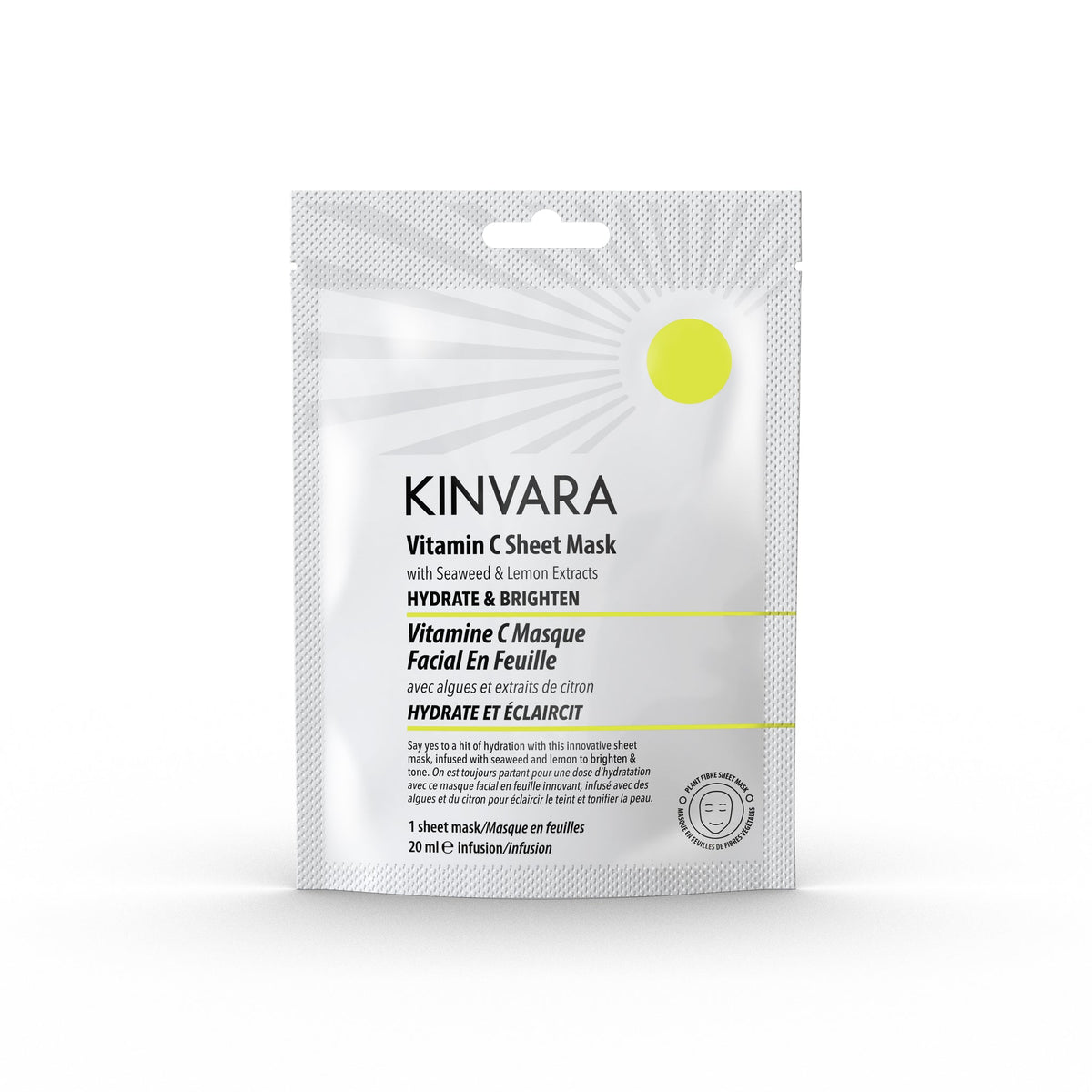 Kinvara Vitamin C Sheet Mask with Seaweed and Lemon, Fragrance-Free, 20ml