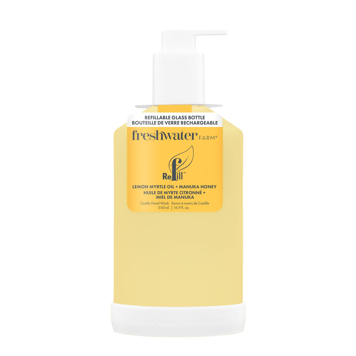 Freshwater Farm Castile Hand Wash – Lemon Myrtle + Manuka Honey, 500ml Glass Bottle