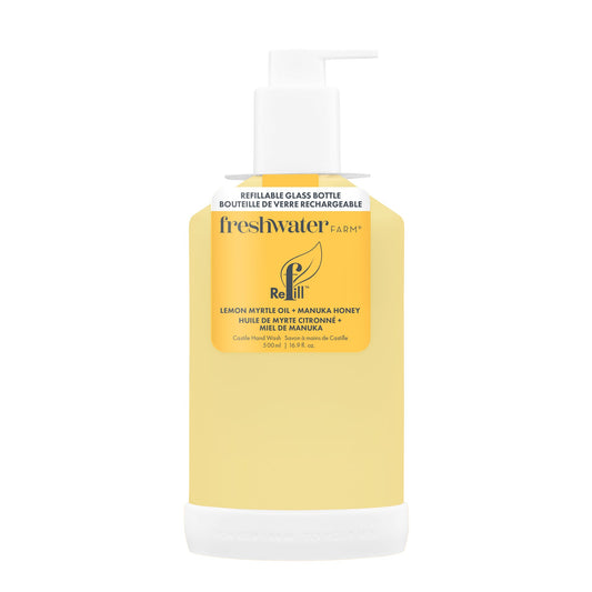 Freshwater Farm Castile Hand Wash – Lemon Myrtle + Manuka Honey, 500ml Glass Bottle