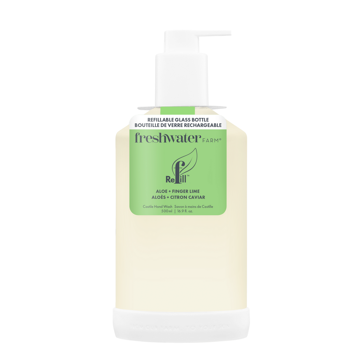 Freshwater Farm Castile Hand Wash – Aloe + Finger Lime, 500ml Glass Bottle