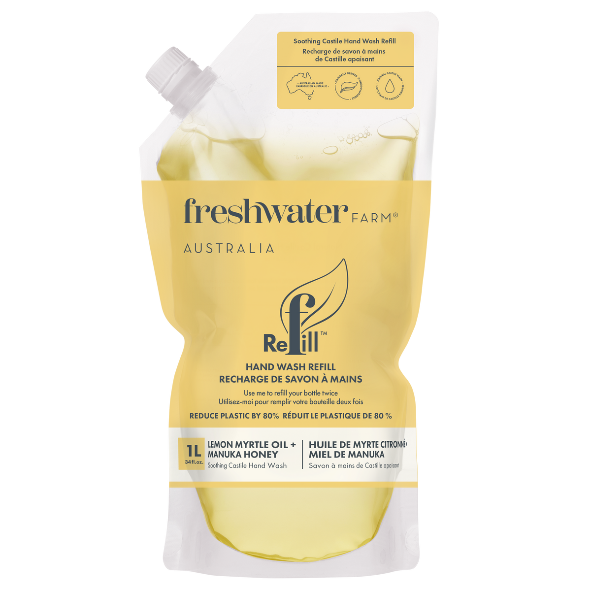Freshwater Farm Castile Hand Wash – Lemon Myrtle + Manuka Honey, 1L Refill Pouch