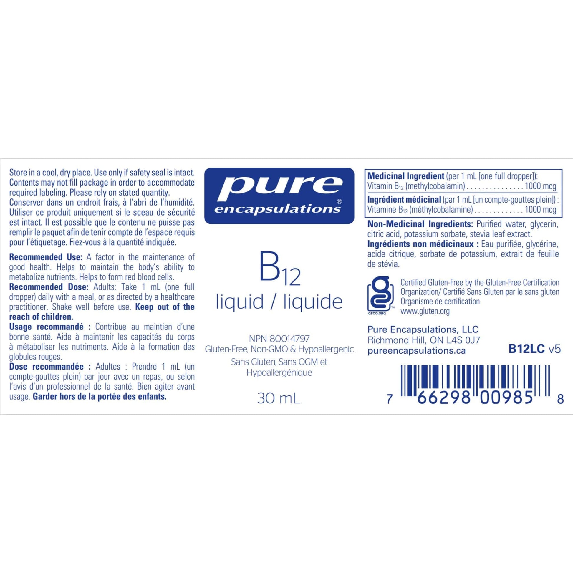 Pure Encapsulations B12 Liquid 30ml Label