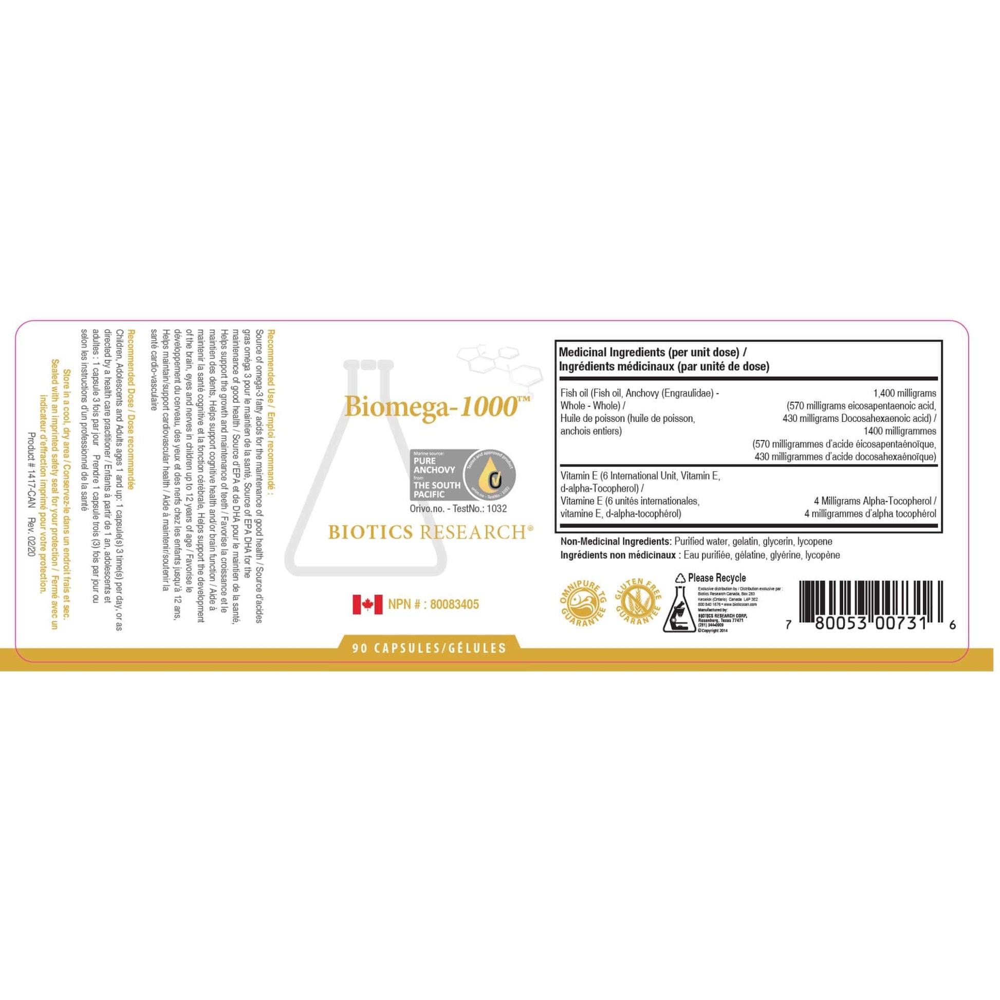 90 Capsules | Biotics Research Biomega-1000 Nutrition Label