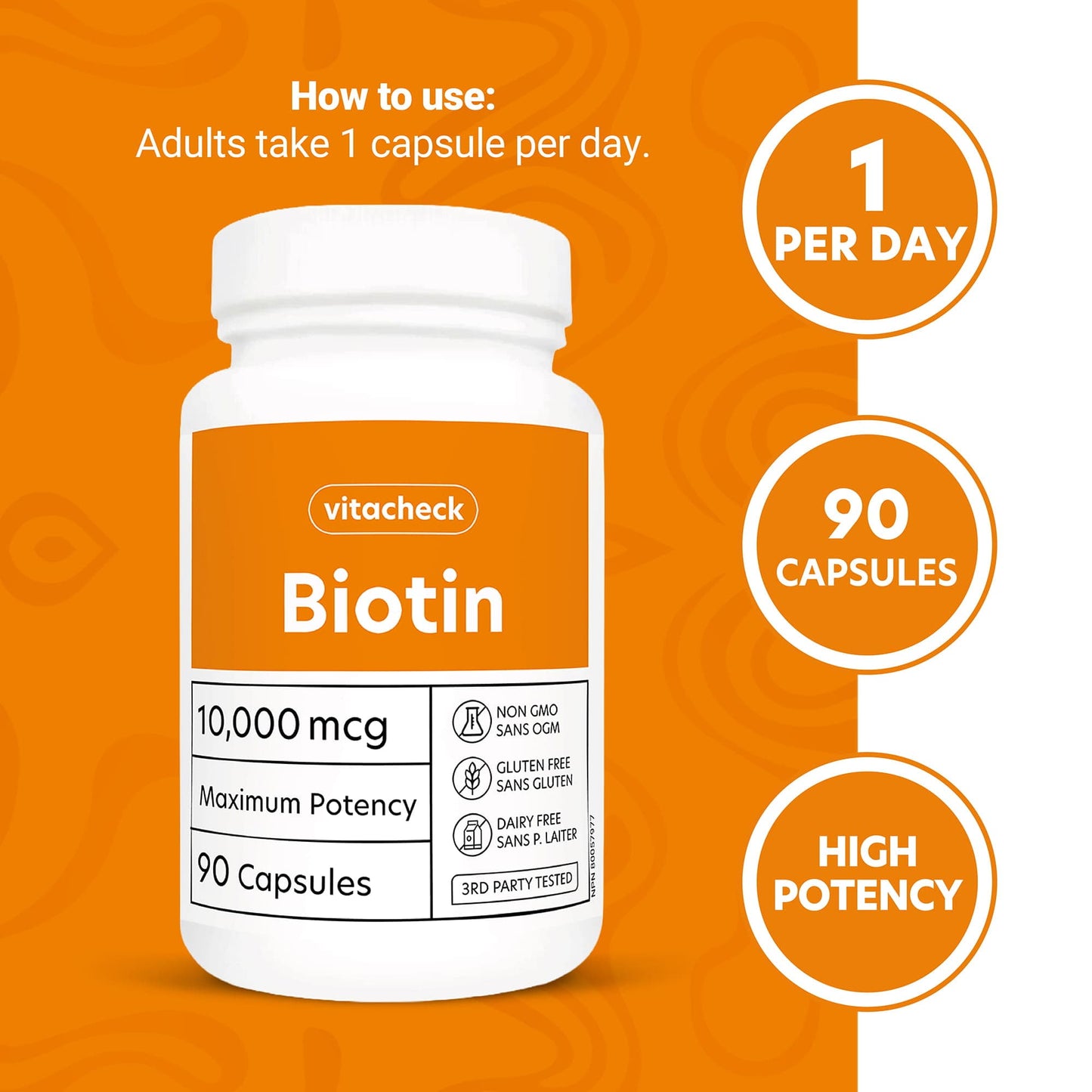 Vitacheck Biotin Extra Strength 10,000mcg, Supports Healthy Hair, Radiant Skin, 90 Vegetable Capsules CLEARANCE 25% Off Expiry 6/28 Final Sale