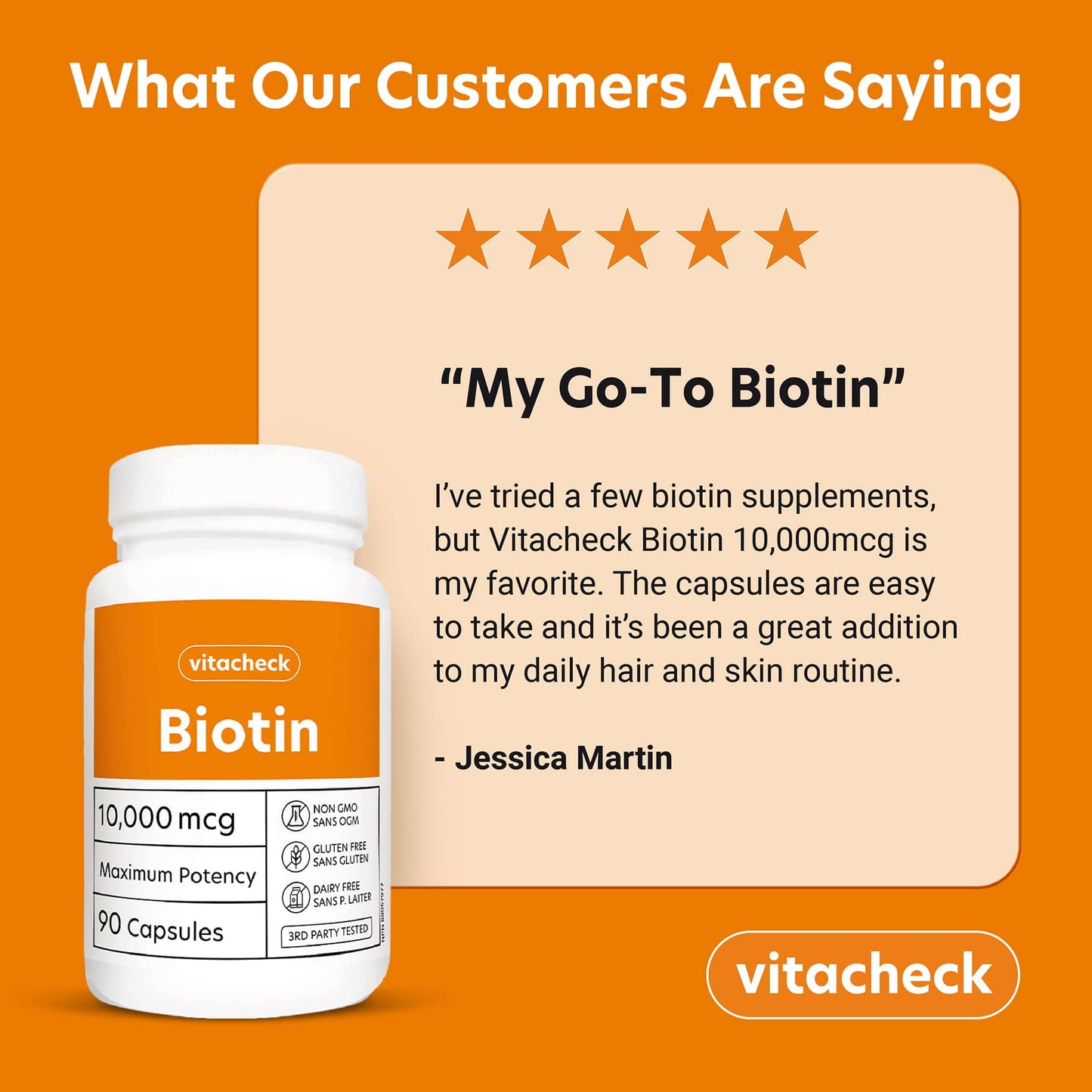 Vitacheck Biotin Extra Strength 10,000mcg, Supports Healthy Hair, Radiant Skin, 90 Vegetable Capsules CLEARANCE 25% Off Expiry 6/28 Final Sale