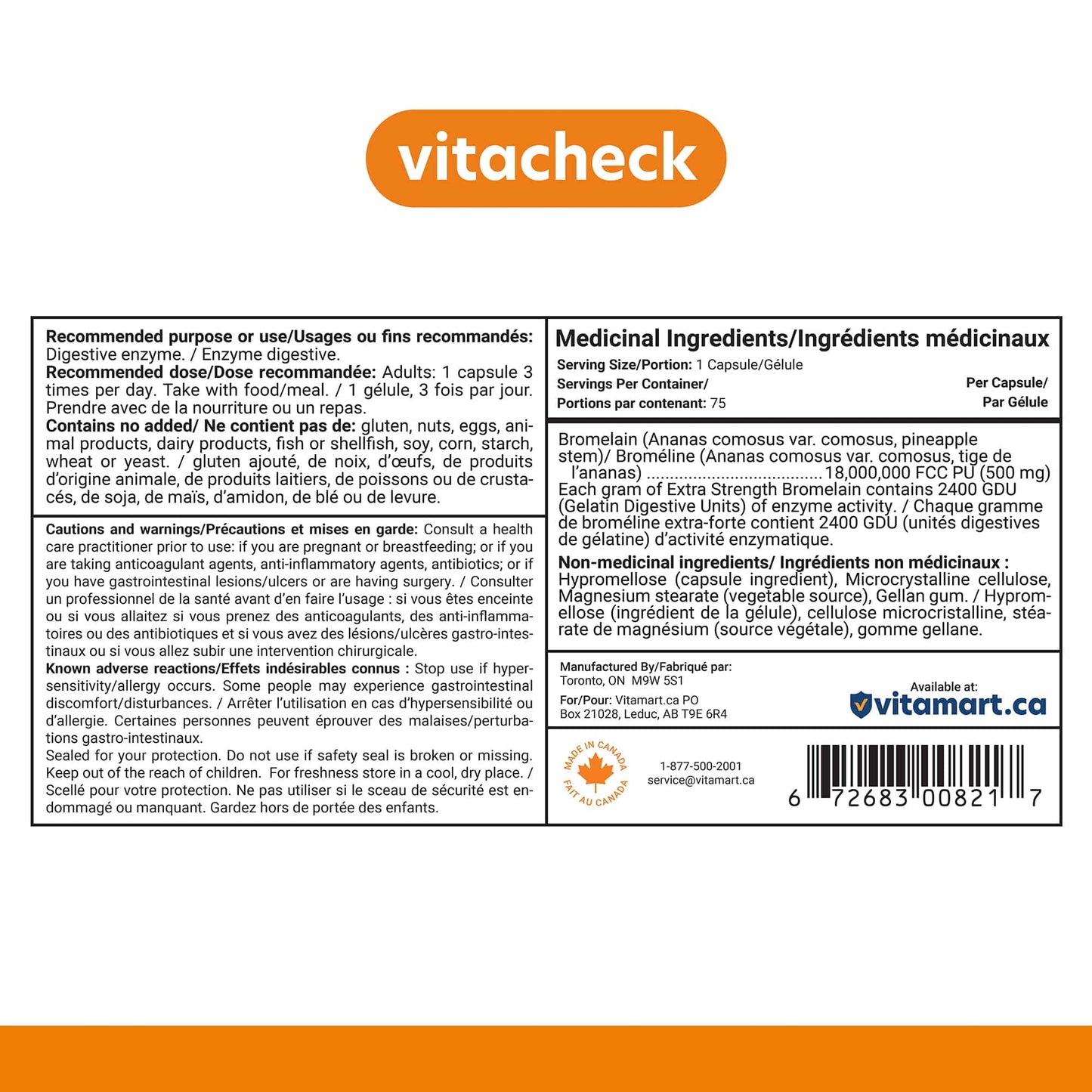 Vitacheck Bromelain 500mg Extra Strength, 2400 GDU/g, Digestive Enzyme From Pineapple, 75 Slow Release Vegetable Capsules CLEARANCE 25% Off Exp 9/28 Final Sale