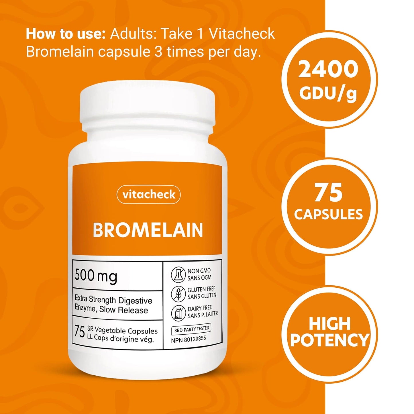 Vitacheck Bromelain 500mg Extra Strength, 2400 GDU/g, Digestive Enzyme From Pineapple, 75 Slow Release Vegetable Capsules CLEARANCE 25% Off Exp 9/28 Final Sale