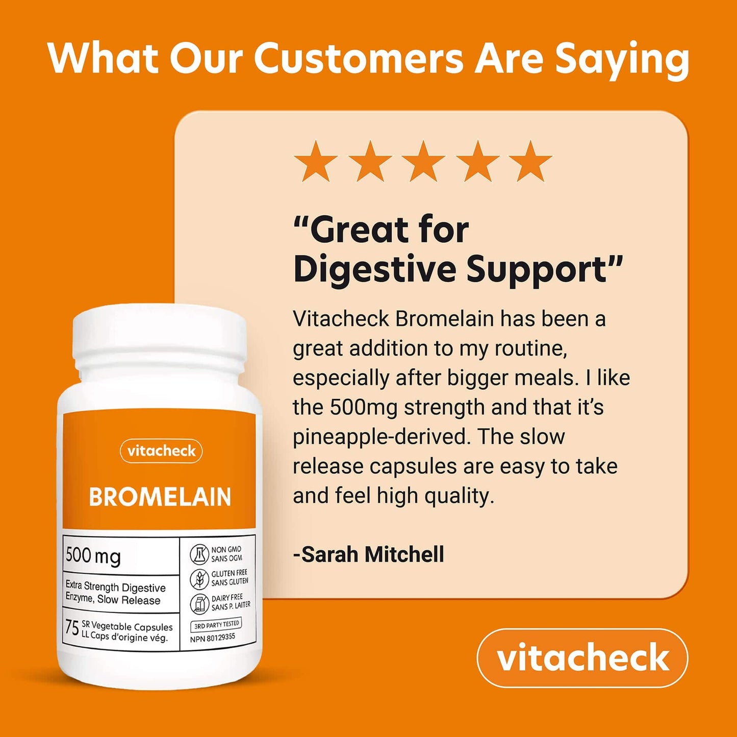 Vitacheck Bromelain 500mg Extra Strength, 2400 GDU/g, Digestive Enzyme From Pineapple, 75 Slow Release Vegetable Capsules CLEARANCE 25% Off Exp 9/28 Final Sale