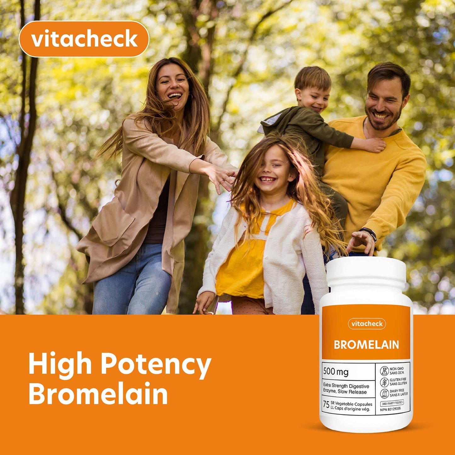 Vitacheck Bromelain 500mg Extra Strength, 2400 GDU/g, Digestive Enzyme From Pineapple, 75 Slow Release Vegetable Capsules CLEARANCE 25% Off Exp 9/28 Final Sale
