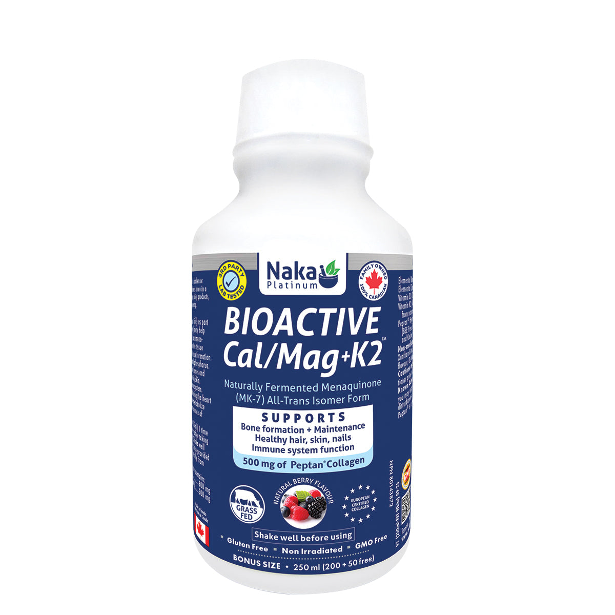 250ml Natural Berry | Naka Platinum BioActive Cal/Mag Plus K2 D3 Collagen 250ml bottle // natural berry flavour