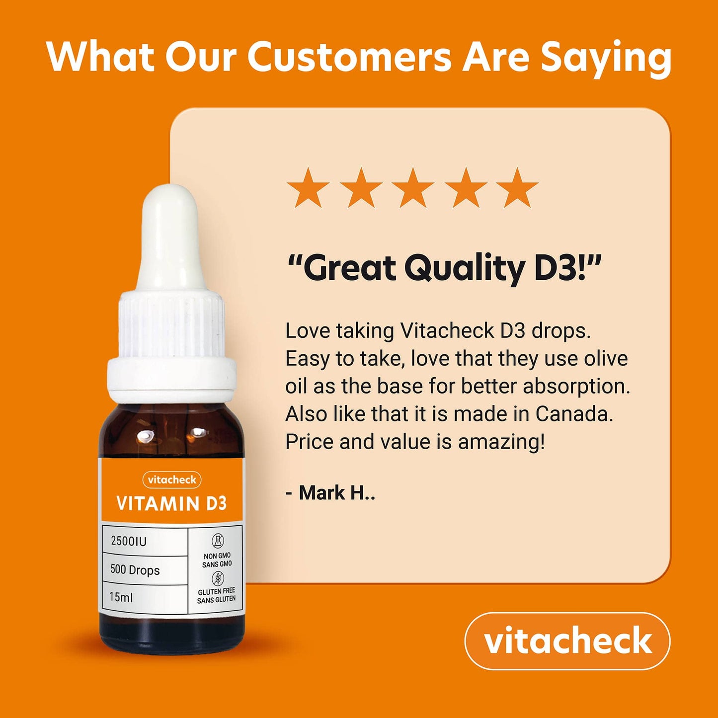 Vitacheck Vitamin D3 2500IU Liquid D3 Drops with Organic Olive Oil, 500 Servings, 15ml