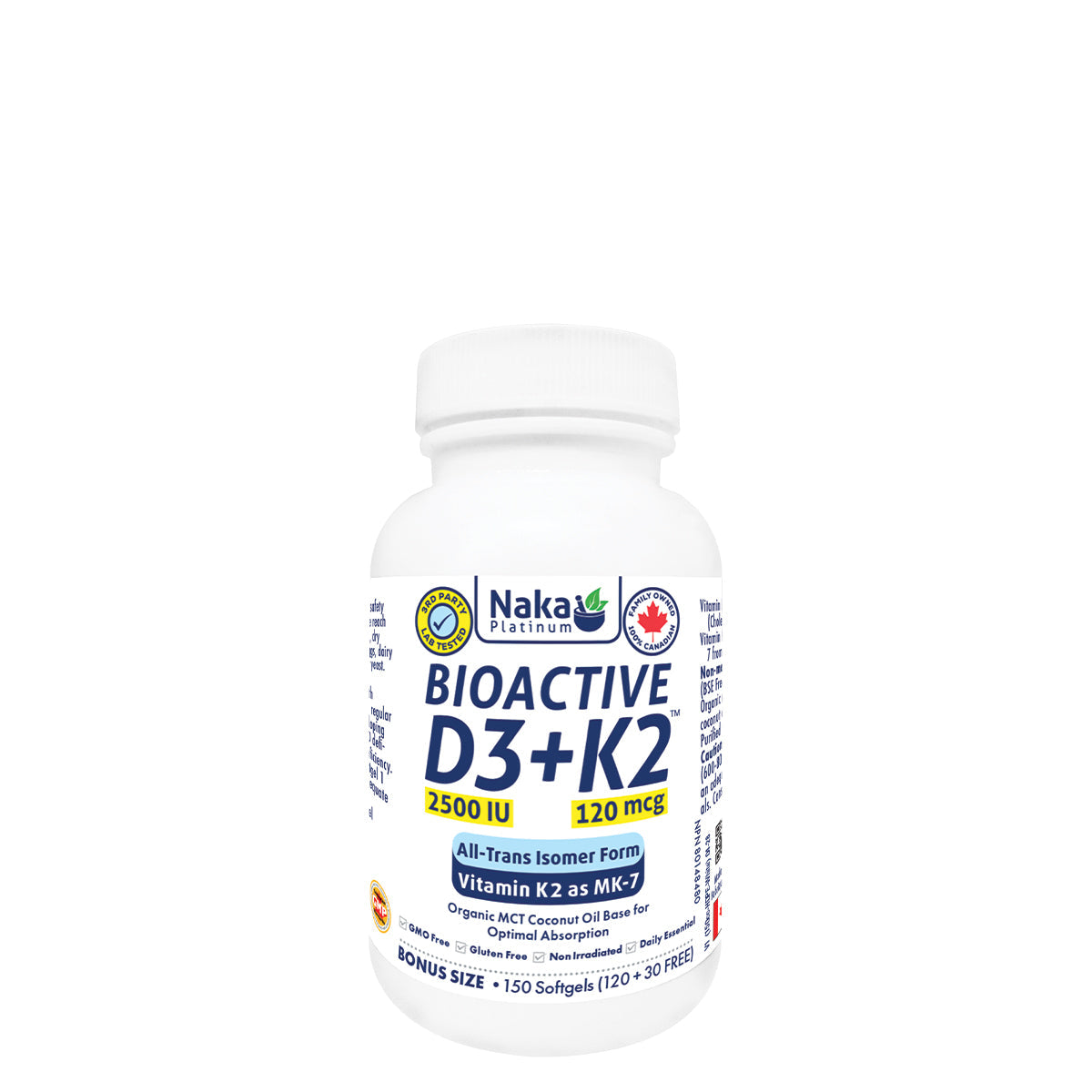 150 Softgels | Naka Platinum Bioactive D3 + K2 2500IU 120mcg 150 softgel bottle