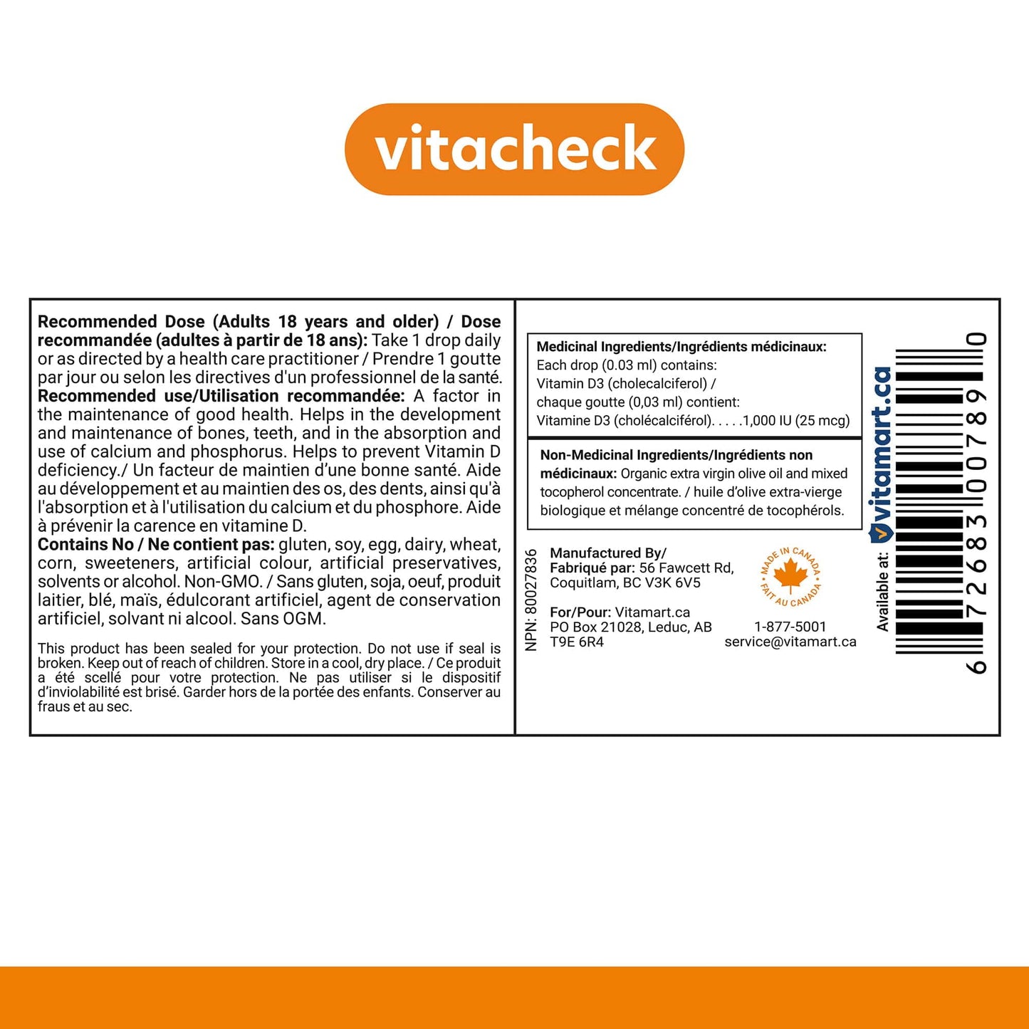 Vitacheck Vitamin D3 1000IU Liquid D3 Drops with Organic Olive Oil, 500 Servings, 15ml CLEARANCE 25% Off Exp 8/27 Final Sale