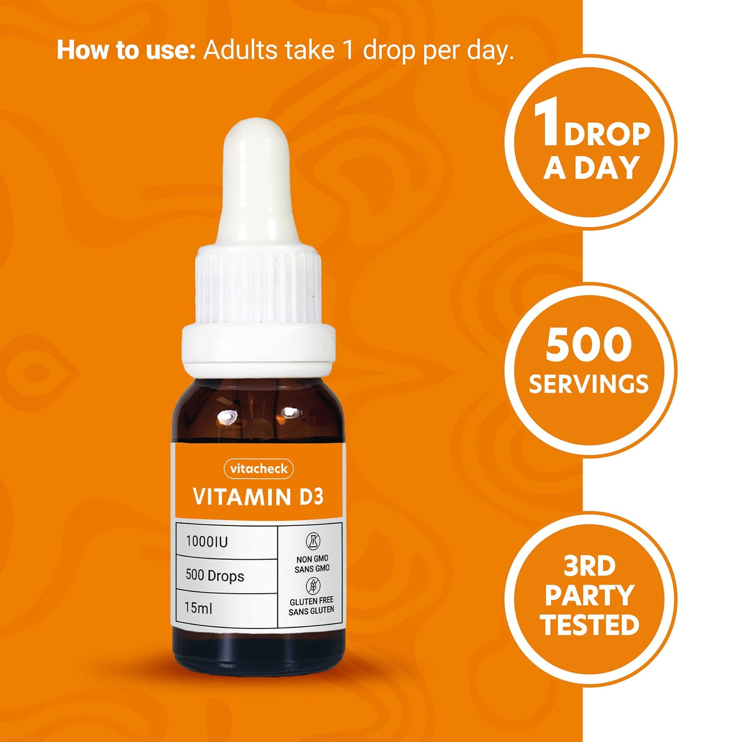 Vitacheck Vitamin D3 1000IU Liquid D3 Drops with Organic Olive Oil, 500 Servings, 15ml CLEARANCE 25% Off Exp 8/27 Final Sale