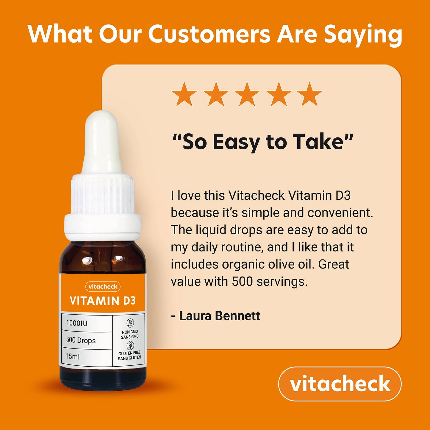 Vitacheck Vitamin D3 1000IU Liquid D3 Drops with Organic Olive Oil, 500 Servings, 15ml CLEARANCE 25% Off Exp 8/27 Final Sale