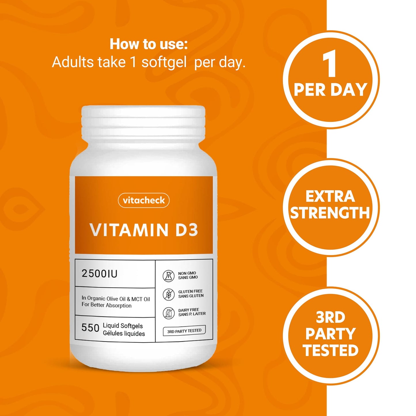 Vitacheck Vitamin D3 2500IU Softgels Extra Strength, In Organic Olive Oil & MCT Oil For Better Absorption, 180-550 Softgels