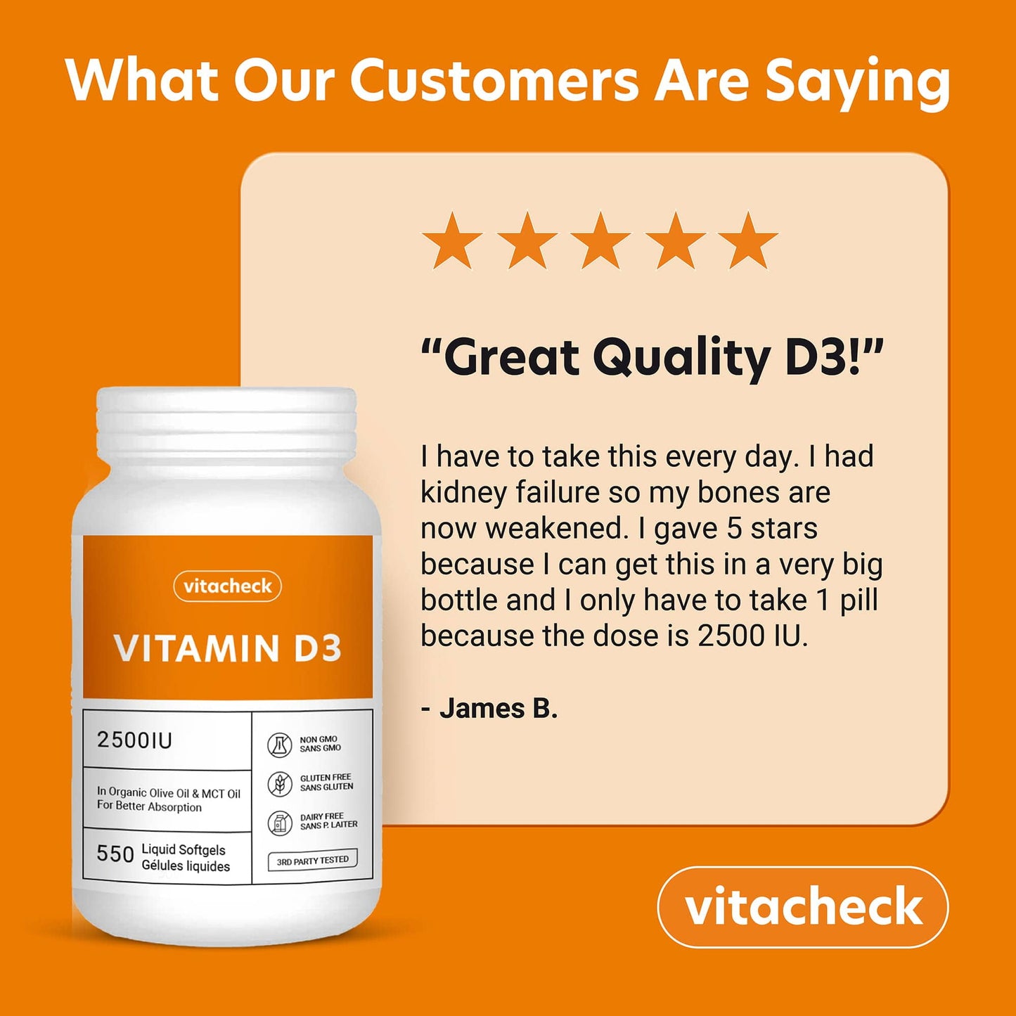 Vitacheck Vitamin D3 2500IU Softgels Extra Strength, In Organic Olive Oil & MCT Oil For Better Absorption, 180-550 Softgels