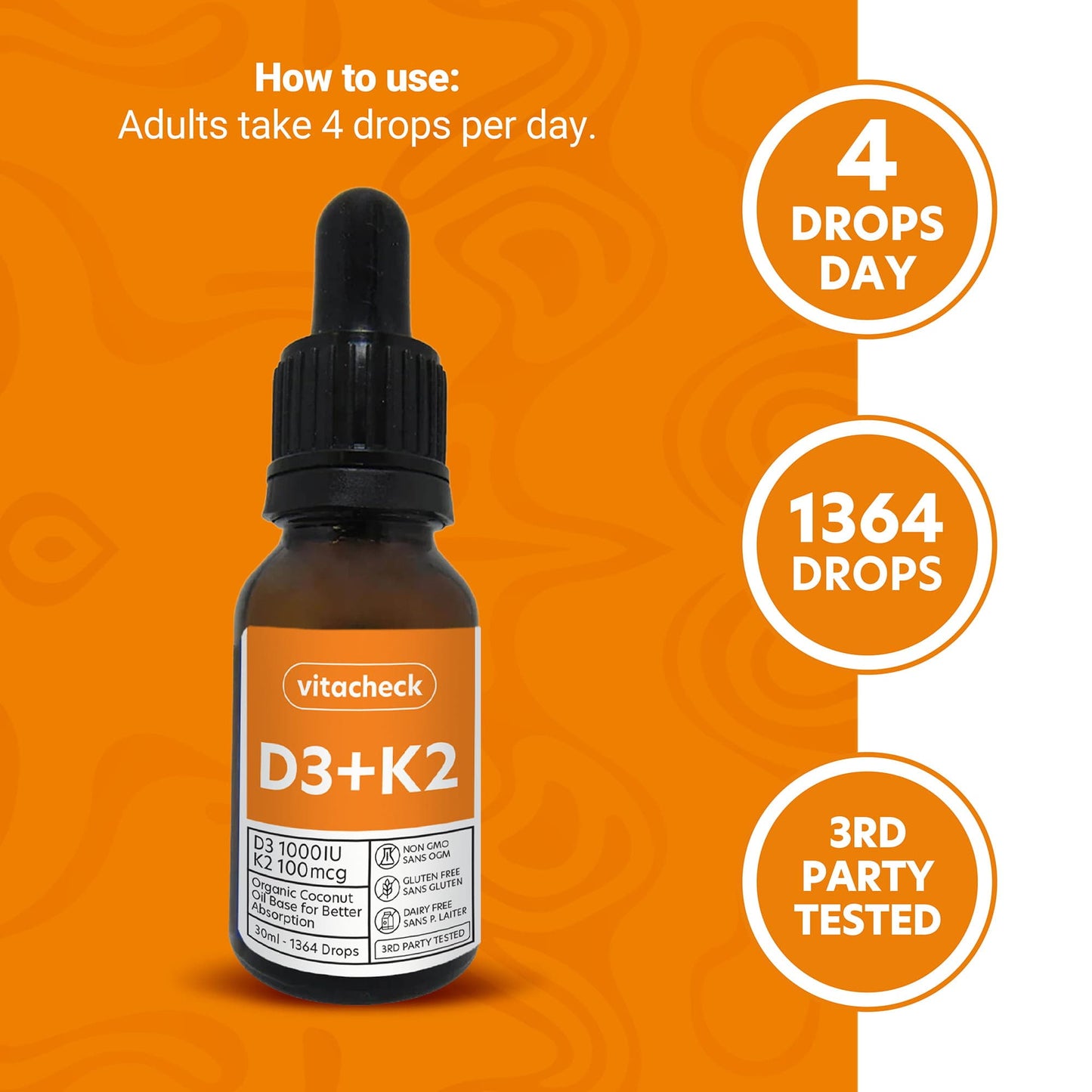 Vitacheck Vitamin D3 + K2 Liquid Drops in Organic MCT Oil, Vitamin D3 1000IU and K2 100mcg, 1364 Drops, 30ml