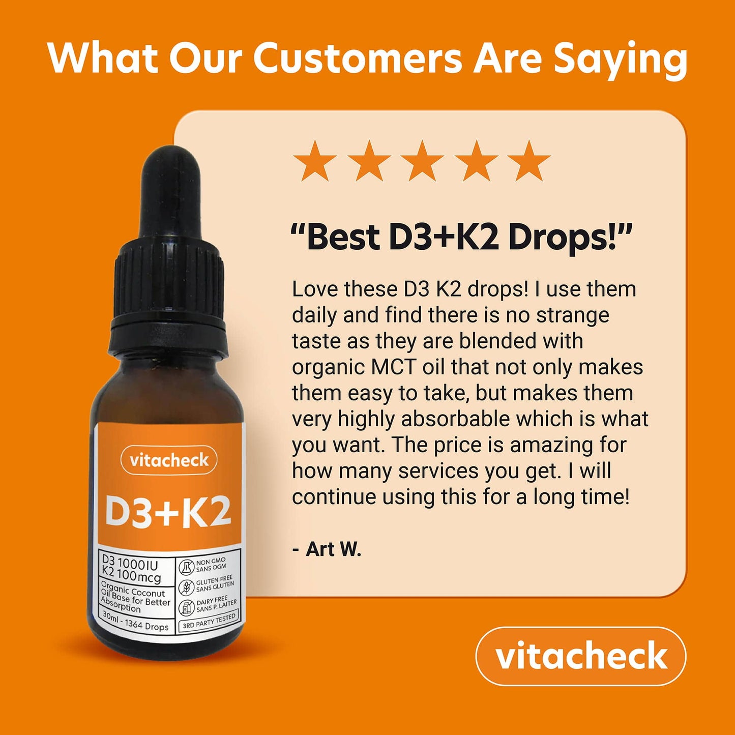 Vitacheck Vitamin D3 + K2 Liquid Drops in Organic MCT Oil, Vitamin D3 1000IU and K2 100mcg, 1364 Drops, 30ml