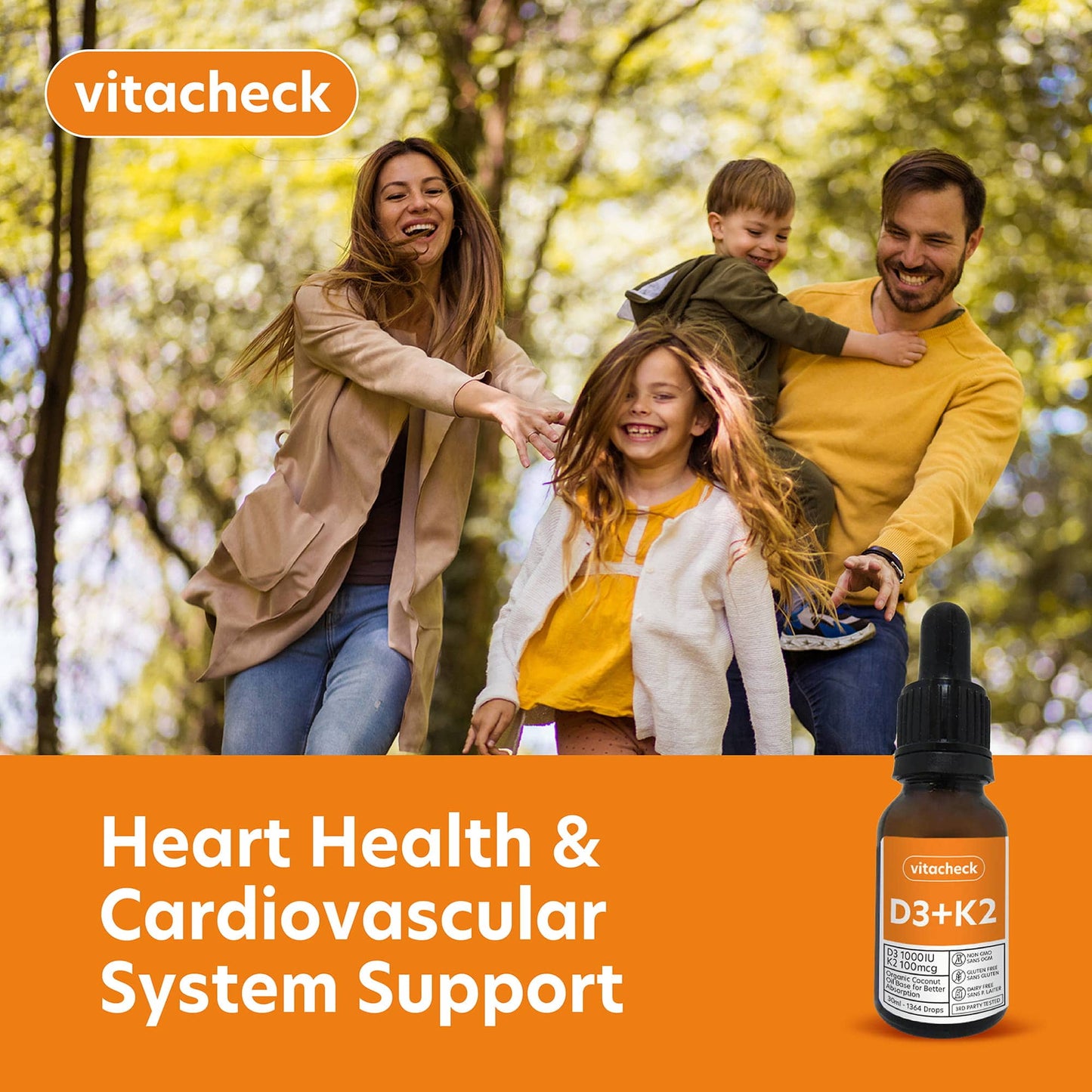 Vitacheck Vitamin D3 + K2 Liquid Drops in Organic MCT Oil, Vitamin D3 1000IU and K2 100mcg, 1364 Drops, 30ml