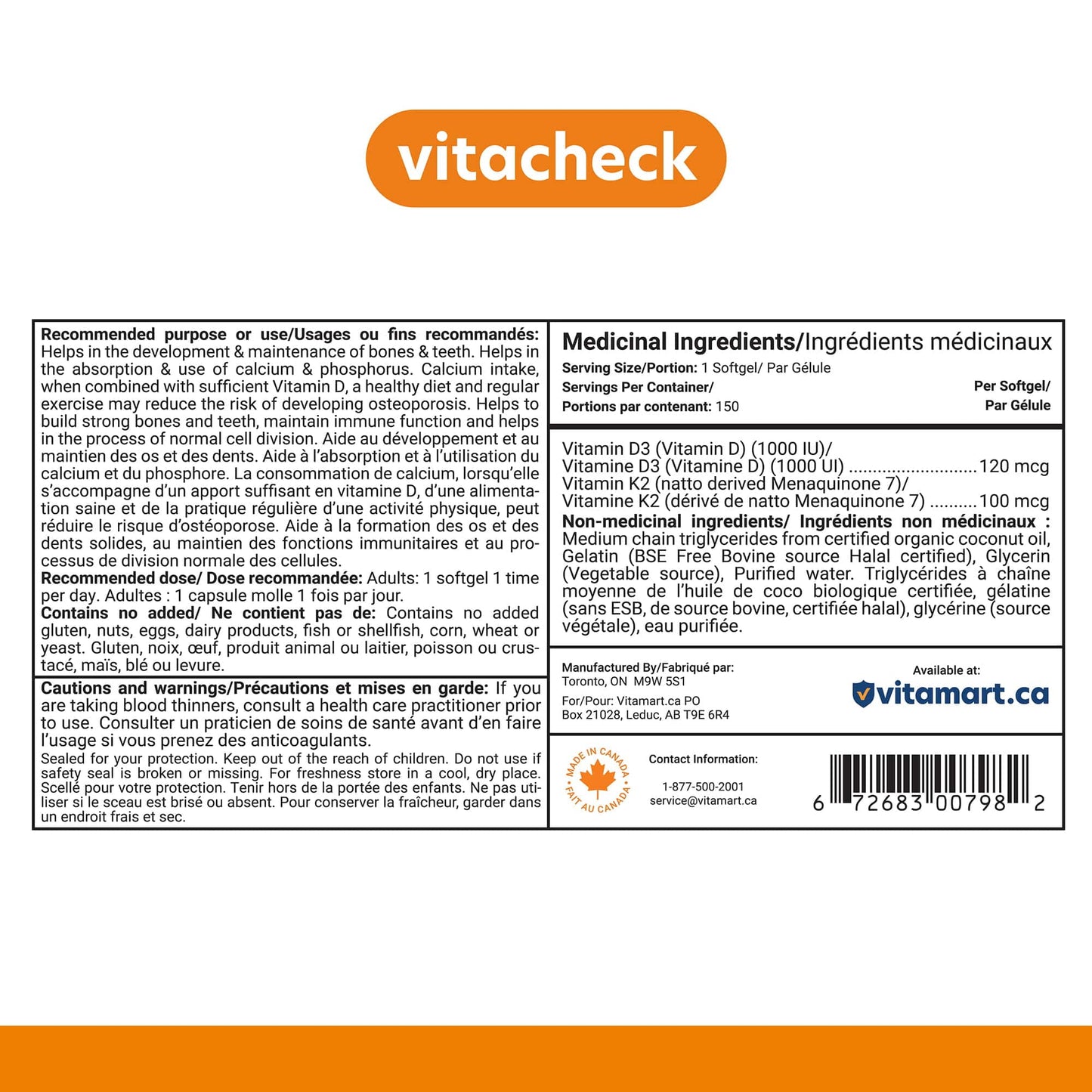 Vitacheck Vitamin D3+K2 Softgels, 1000IU D3 and 100mcg K2, In Organic Coconut Oil for Better Absorption, Supports Bone and Heart Health, 150 Softgels
