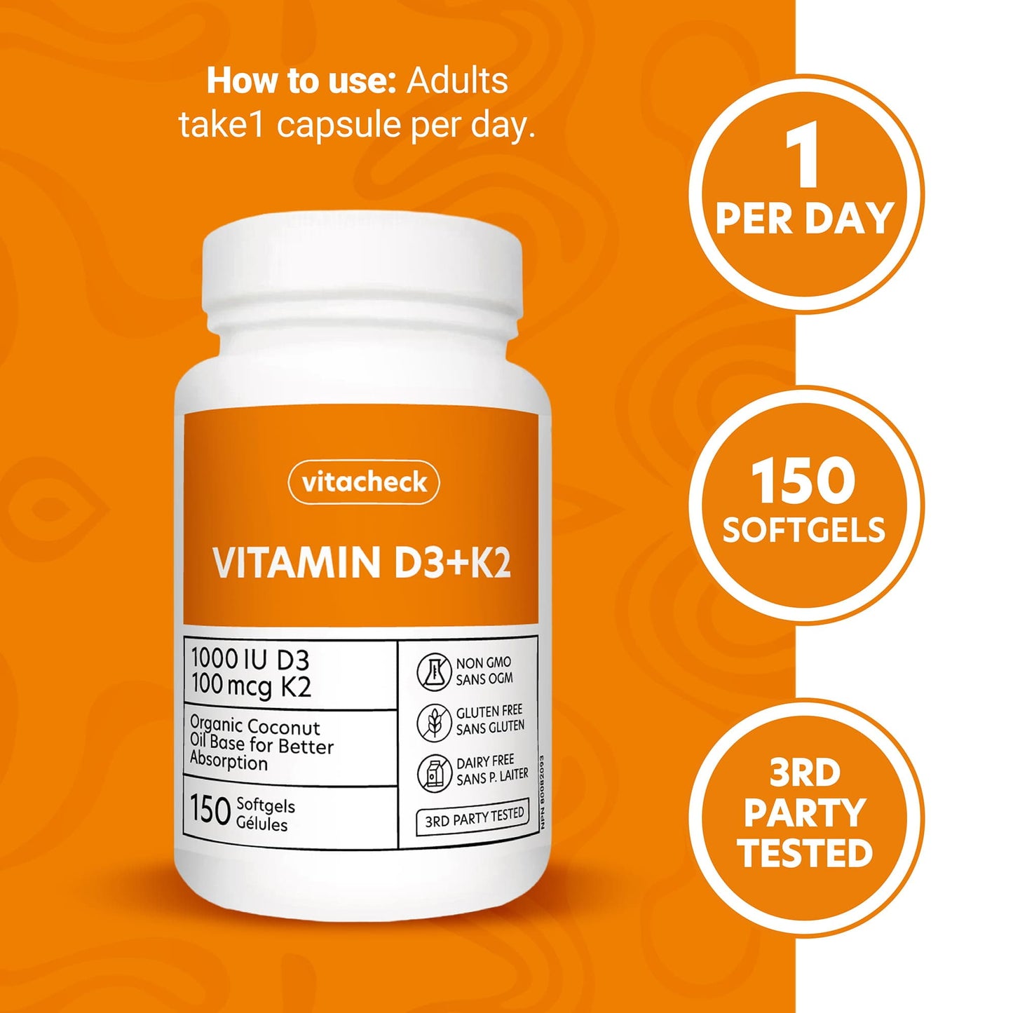 Vitacheck Vitamin D3+K2 Softgels, 1000IU D3 and 100mcg K2, In Organic Coconut Oil for Better Absorption, Supports Bone and Heart Health, 150 Softgels