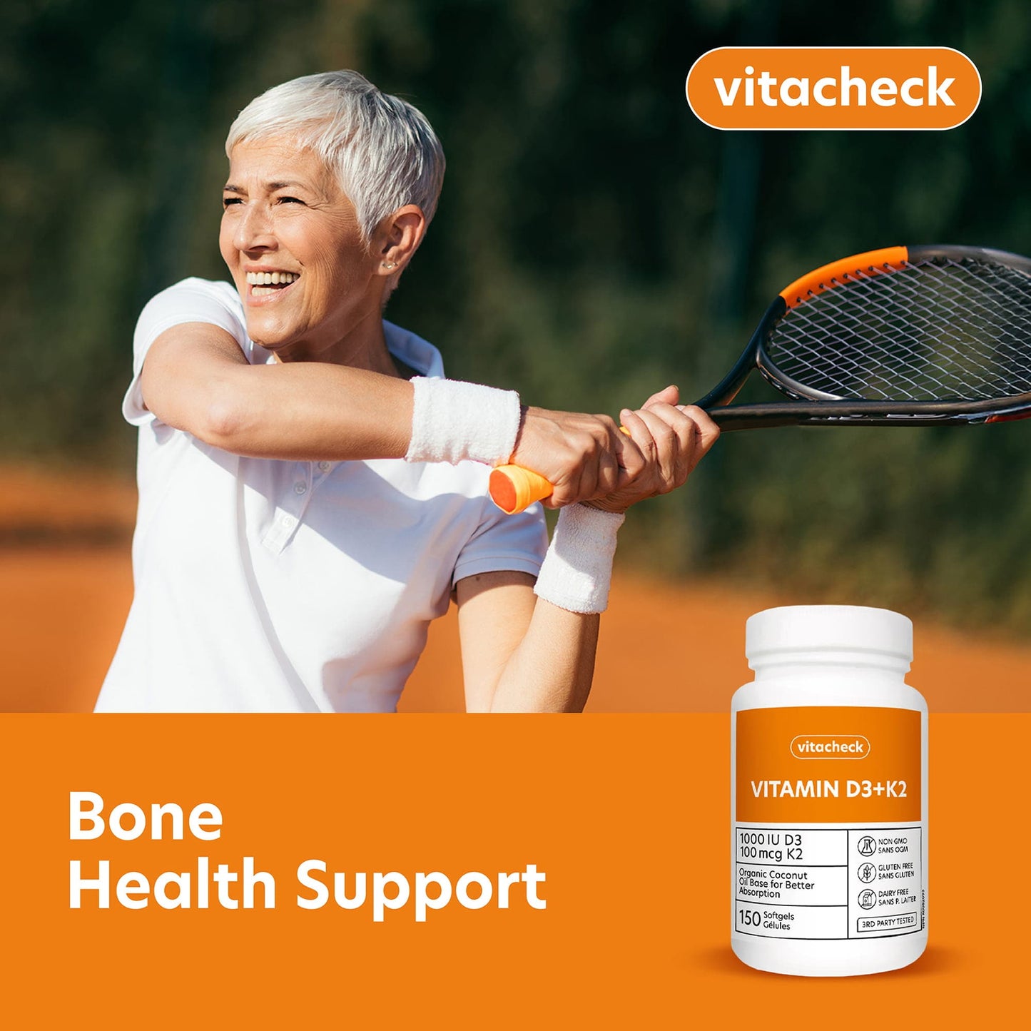 Vitacheck Vitamin D3+K2 Softgels, 1000IU D3 and 100mcg K2, In Organic Coconut Oil for Better Absorption, Supports Bone and Heart Health, 150 Softgels