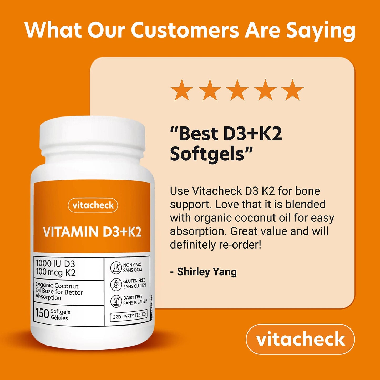 Vitacheck Vitamin D3+K2 Softgels, 1000IU D3 and 100mcg K2, In Organic Coconut Oil for Better Absorption, Supports Bone and Heart Health, 150 Softgels