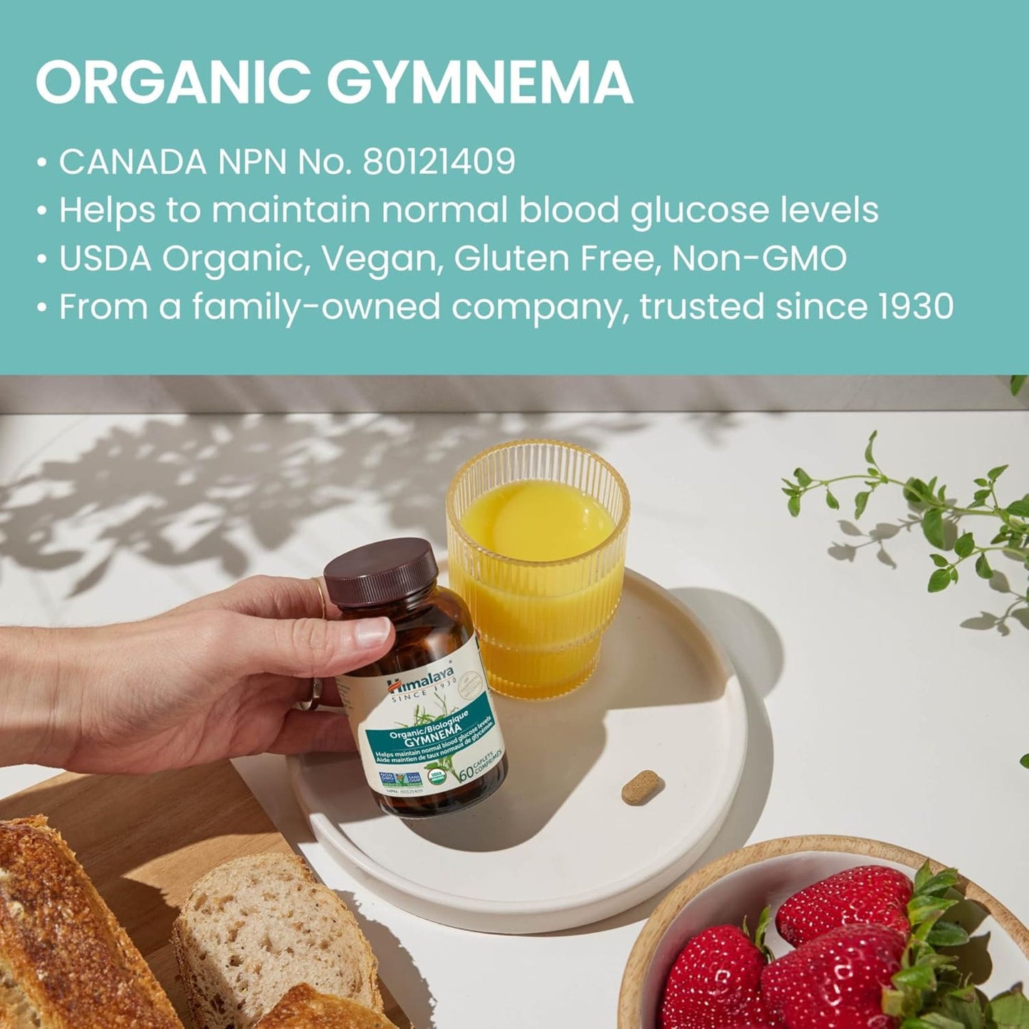 Himalaya Organic Gymnema 700mg, 60 Caplets, Helps Maintain Normal Blood Glucose Levels, USDA Certified Organic, Non-GMO, Gluten Free, 1 Month Supply