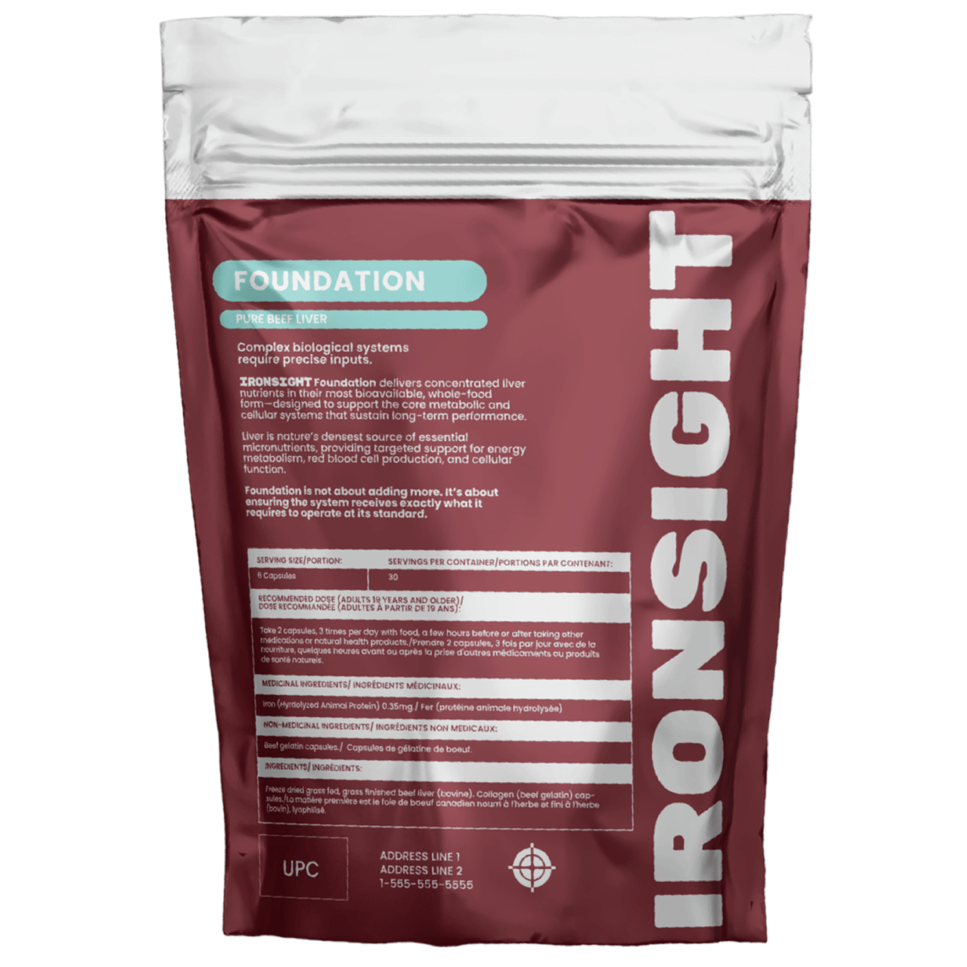 180 Capsules | IRONSIGHT Foundation Pure Beef Liver Capsules Back Label