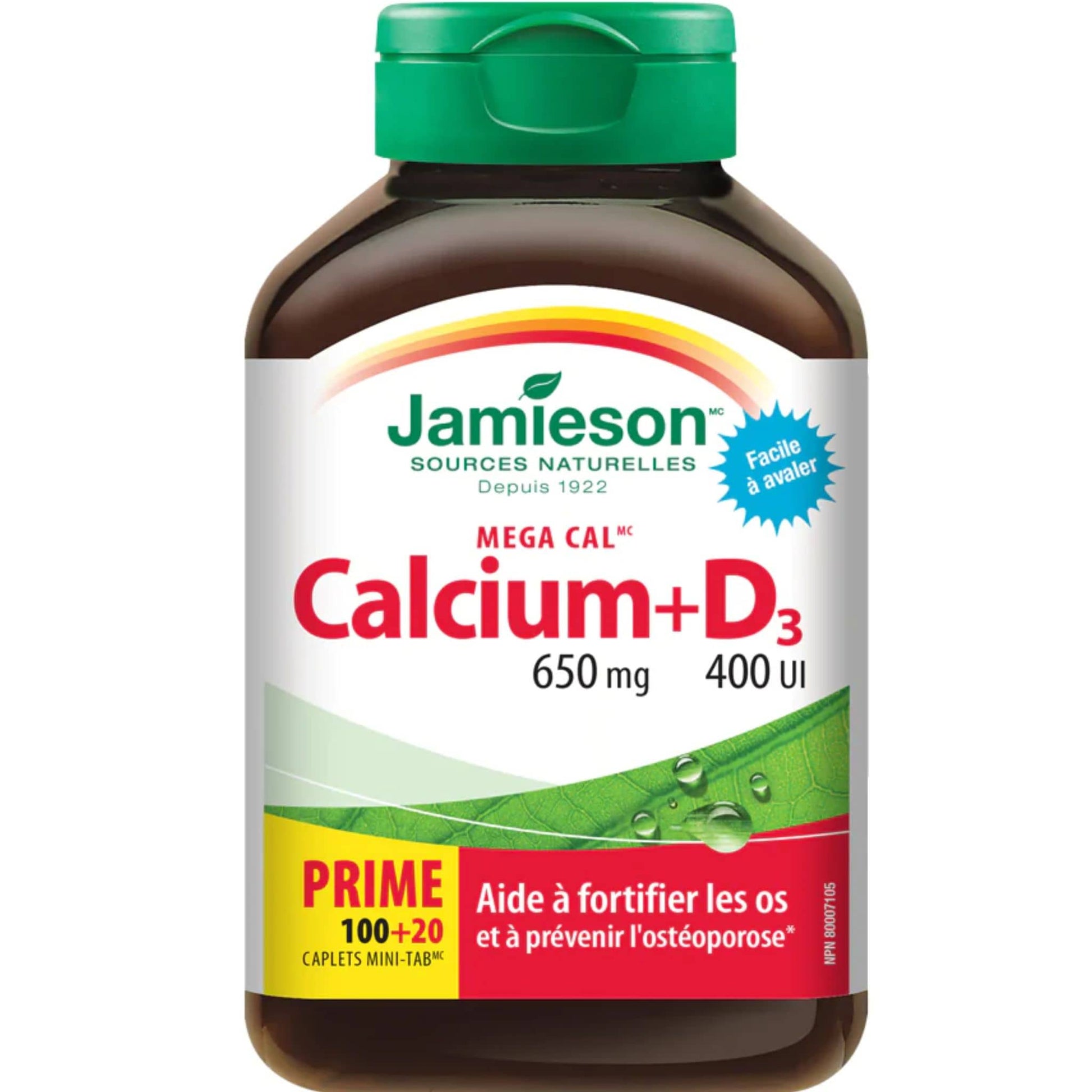 Bonus, 100+20 Caplets | Jamieson Calcium 650 mg + Vitamin D3 400 IU, Mega Cal // French Bottle