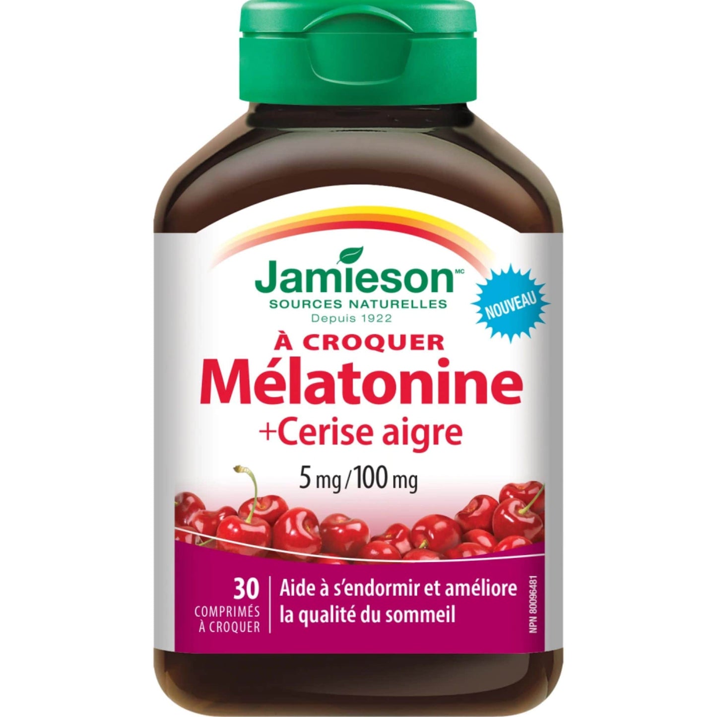 30 Chewable Tablets | Jamieson Chewable Melatonin + Tart Cherry 5 mg/100 mg // french bottle
