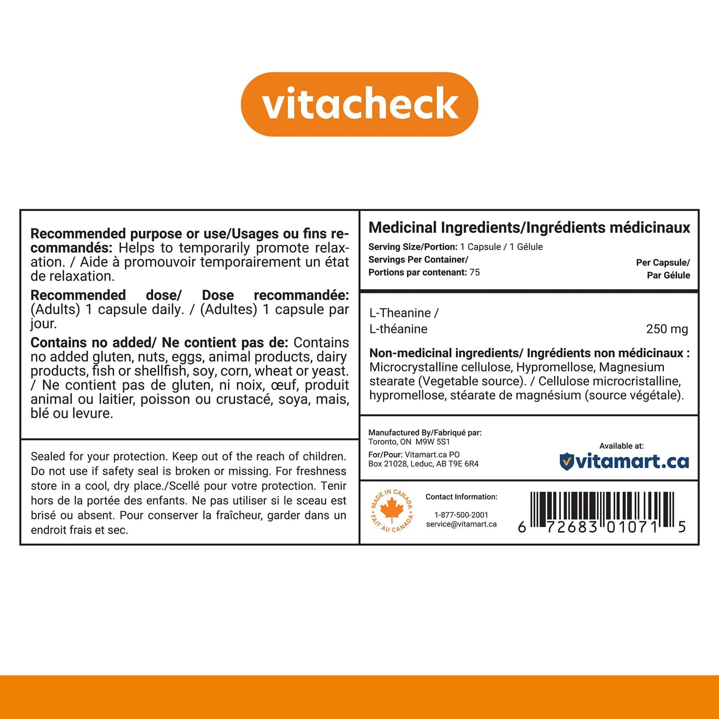 Vitacheck L-Theanine 250mg, Supports Relaxation, Restful Sleep, Non-Drowsy, Enhance Mood, Concentration and Focus, 75 Vegetable Capsules CLEARANCE 30% Off Expiry 3/28 Final Sale