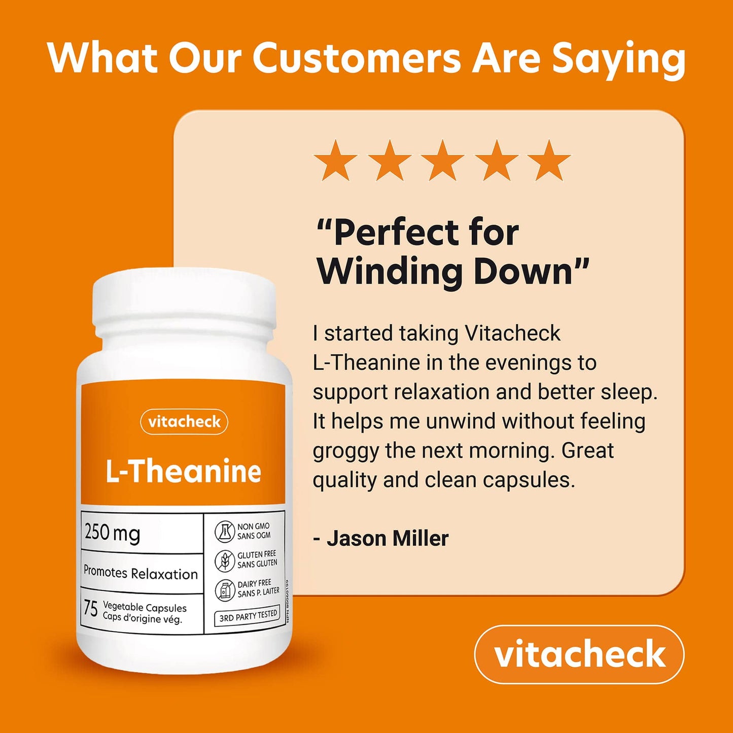 Vitacheck L-Theanine 250mg, Supports Relaxation, Restful Sleep, Non-Drowsy, Enhance Mood, Concentration and Focus, 75 Vegetable Capsules CLEARANCE 30% Off Expiry 3/28 Final Sale