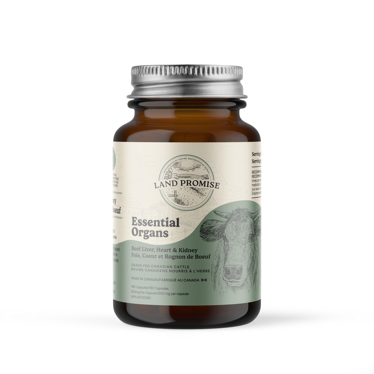 Land Promise Essential Organs, Freeze-Dried Grass-Fed Beef Liver, Heart and Kidney, 180 Capsules