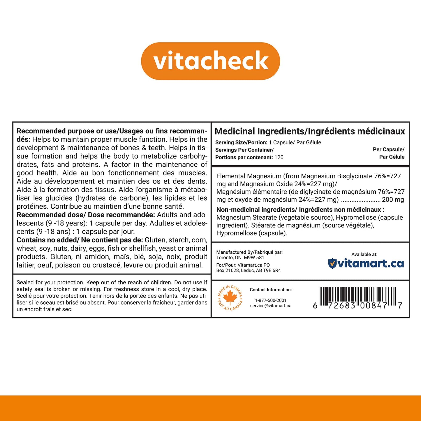 Vitacheck Magnesium Bisglycinate 200mg, Pure Elemental Magnesium, Highly Absorbable, Gentle On Bowels, Sleep Support, Muscle Recovery, Bone Health, 120 Vegetable Capsules