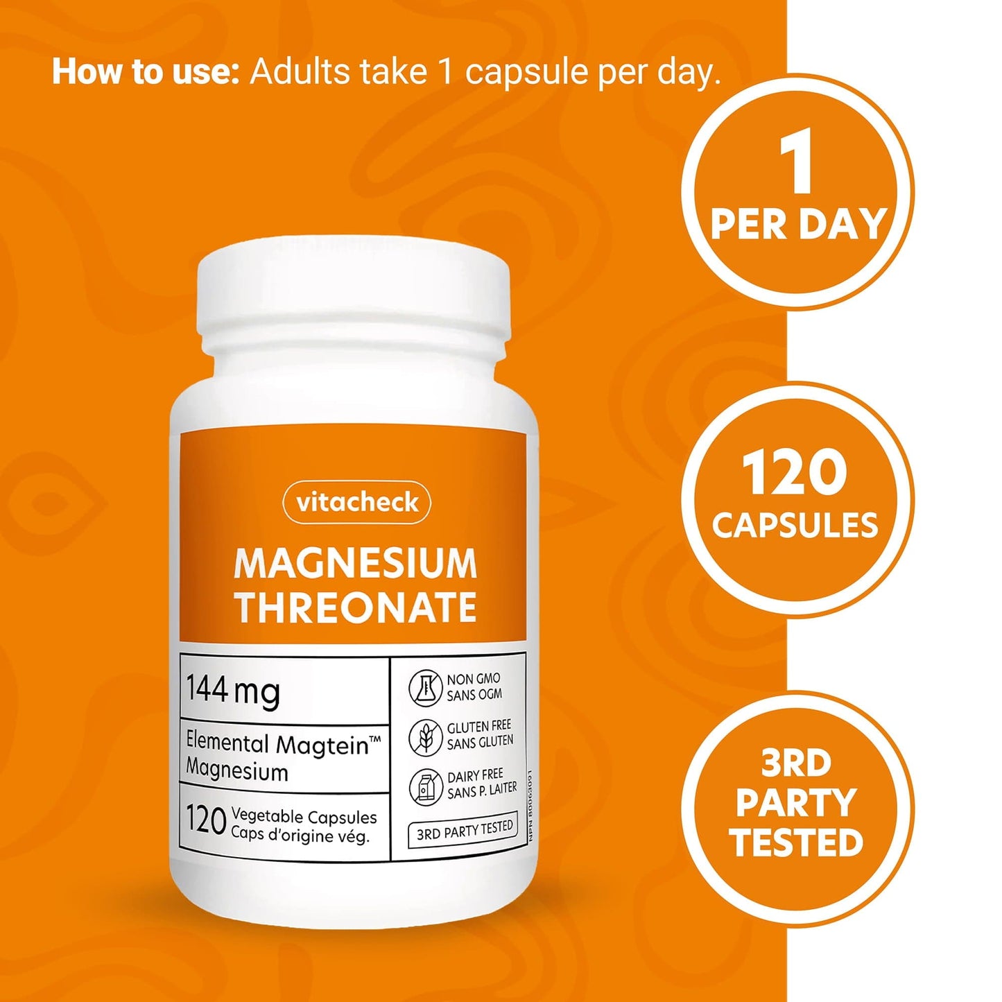 Vitacheck Magnesium Threonate 667mg Magtein, Enhances Cognitive Function, Supports Learning, Memory, Brain Health, 120 Vegetable Capsules