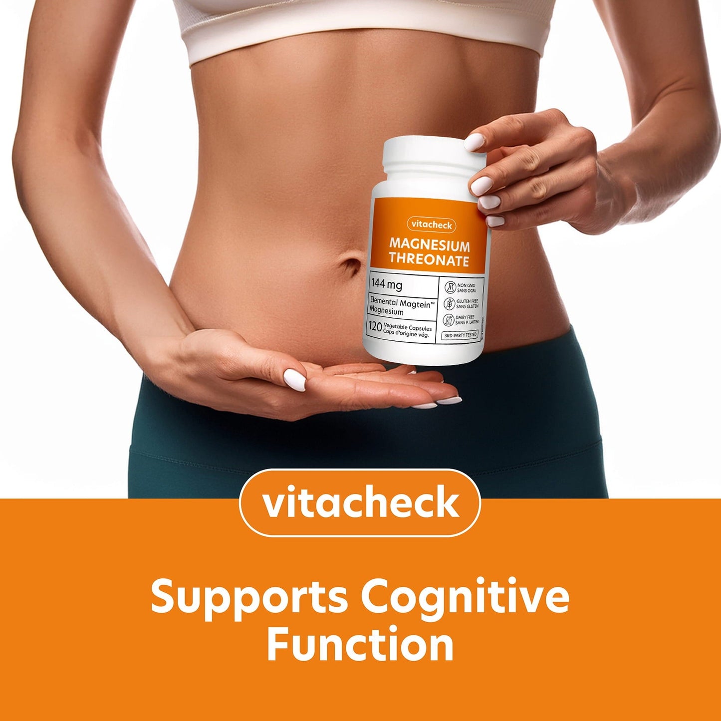 Vitacheck Magnesium Threonate 667mg Magtein, Enhances Cognitive Function, Supports Learning, Memory, Brain Health, 120 Vegetable Capsules
