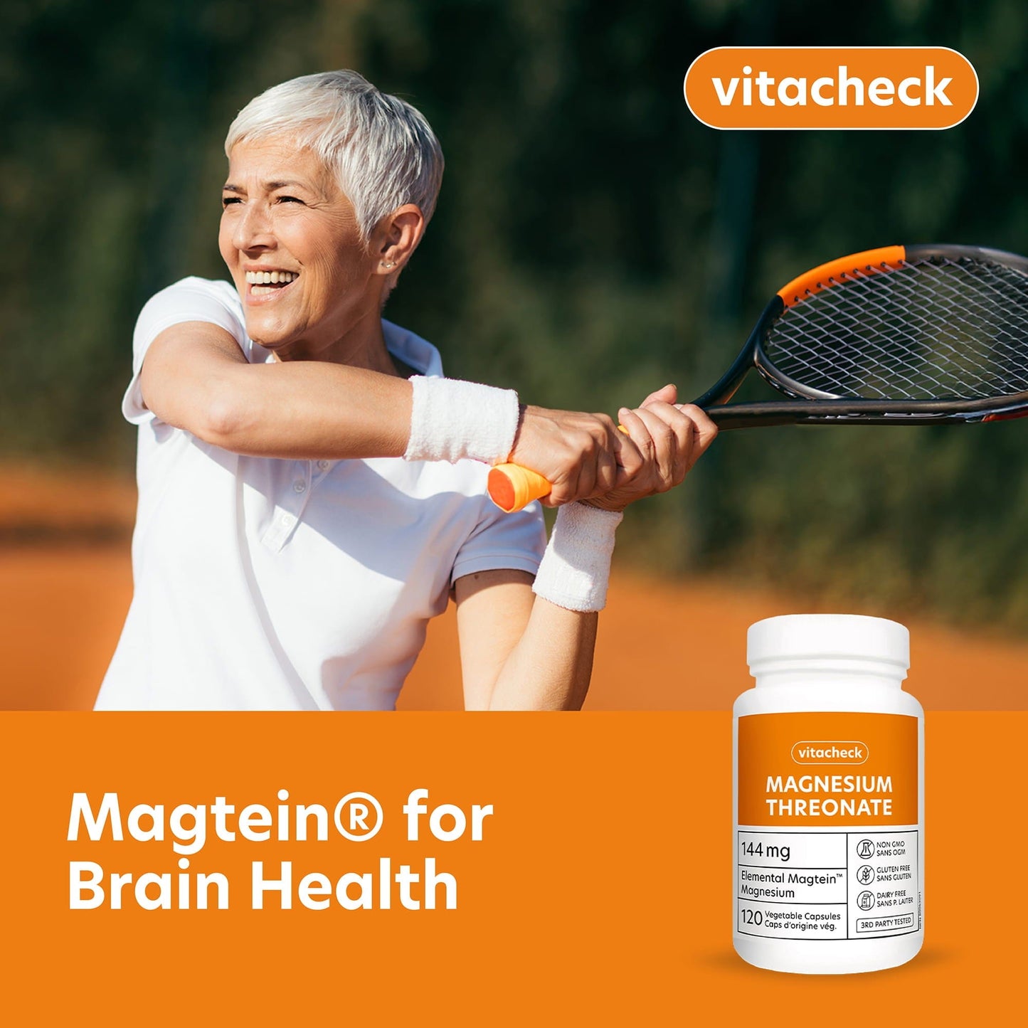 Vitacheck Magnesium Threonate 667mg Magtein, Enhances Cognitive Function, Supports Learning, Memory, Brain Health, 120 Vegetable Capsules
