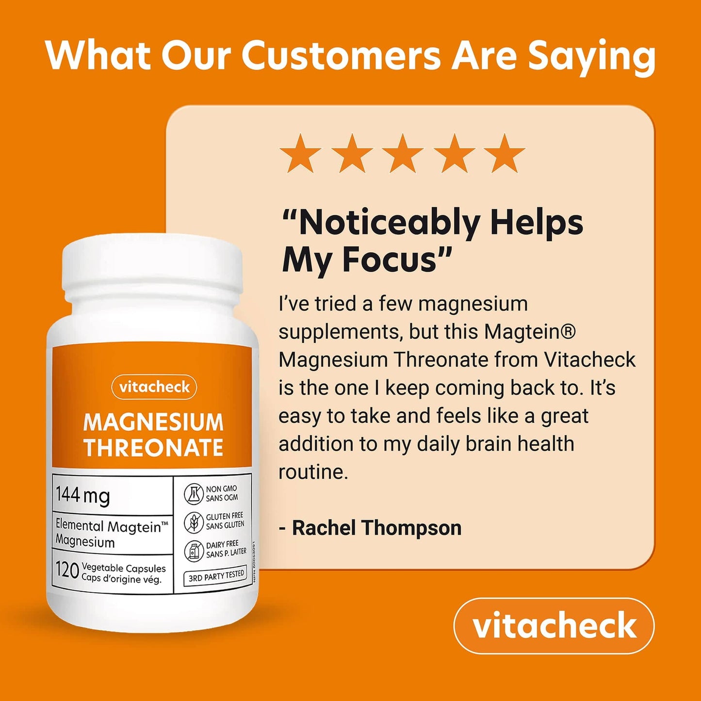 Vitacheck Magnesium Threonate 667mg Magtein, Enhances Cognitive Function, Supports Learning, Memory, Brain Health, 120 Vegetable Capsules