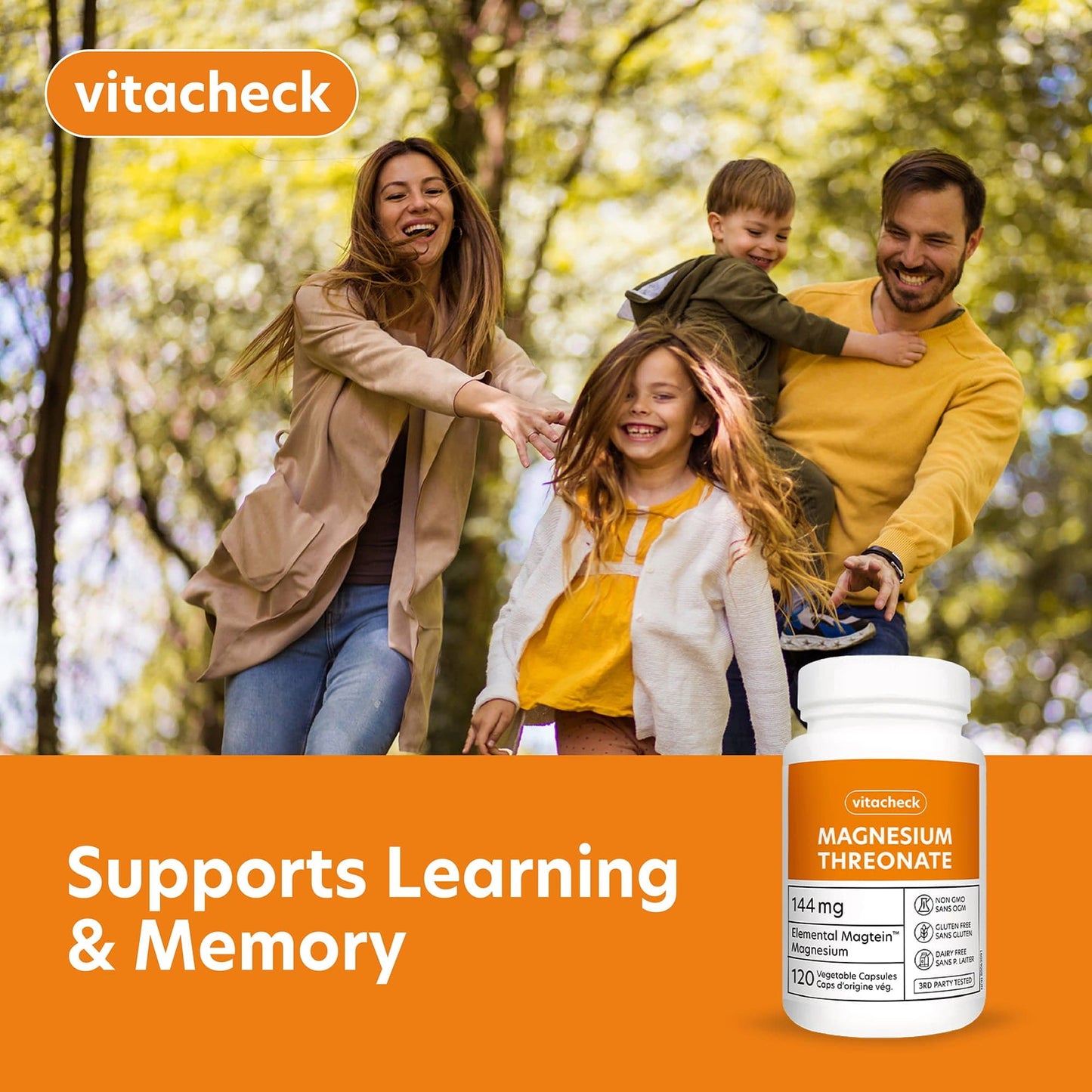 Vitacheck Magnesium Threonate 667mg Magtein, Enhances Cognitive Function, Supports Learning, Memory, Brain Health, 120 Vegetable Capsules