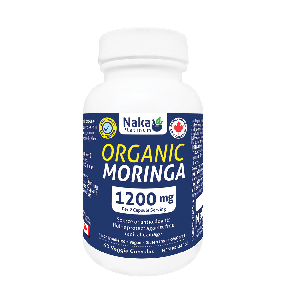 60 Vegetable Capsules | Naka Organic Moringa 1200mg 60 vegetable capsule bottle