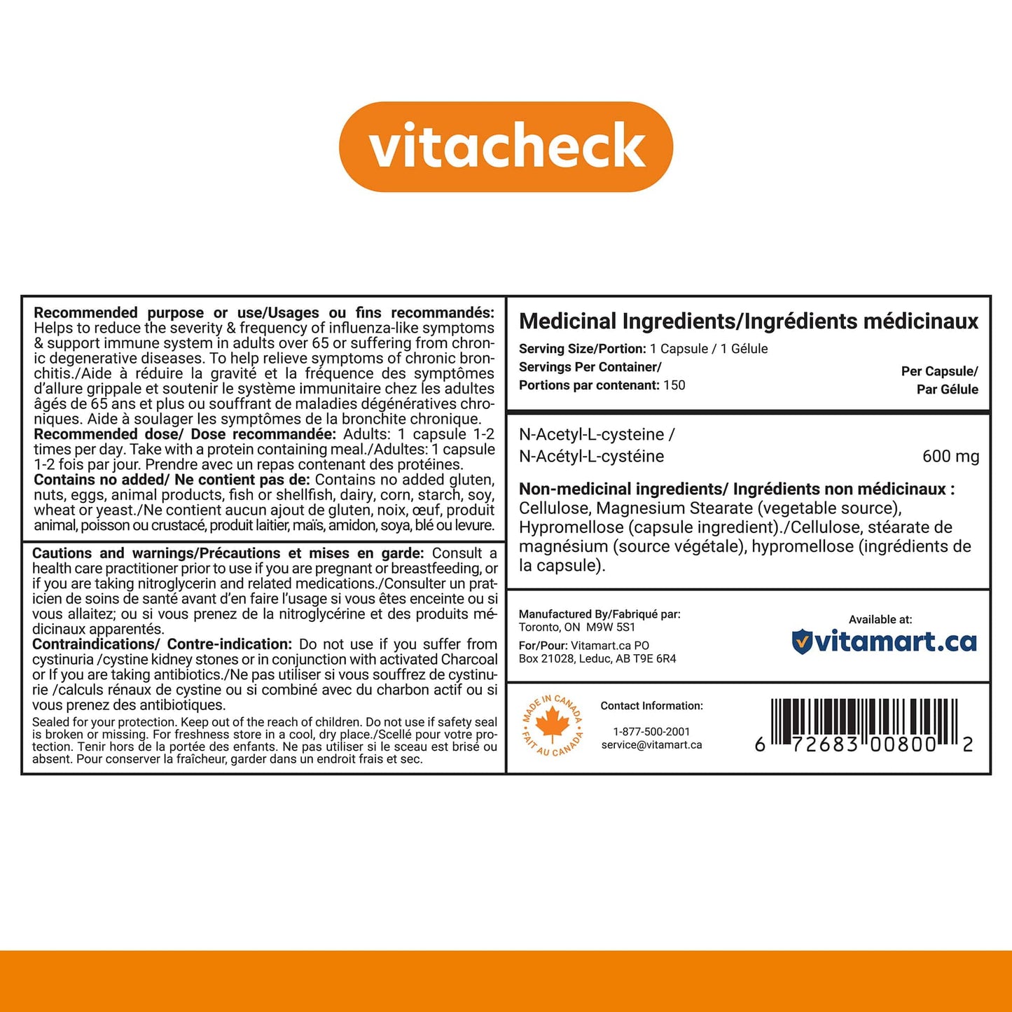 Vitacheck NAC 600mg Capsules, N Acetyl L-Cysteine, Immune Health, Supports Lung and Liver Health, 150 Vegetable Capsules