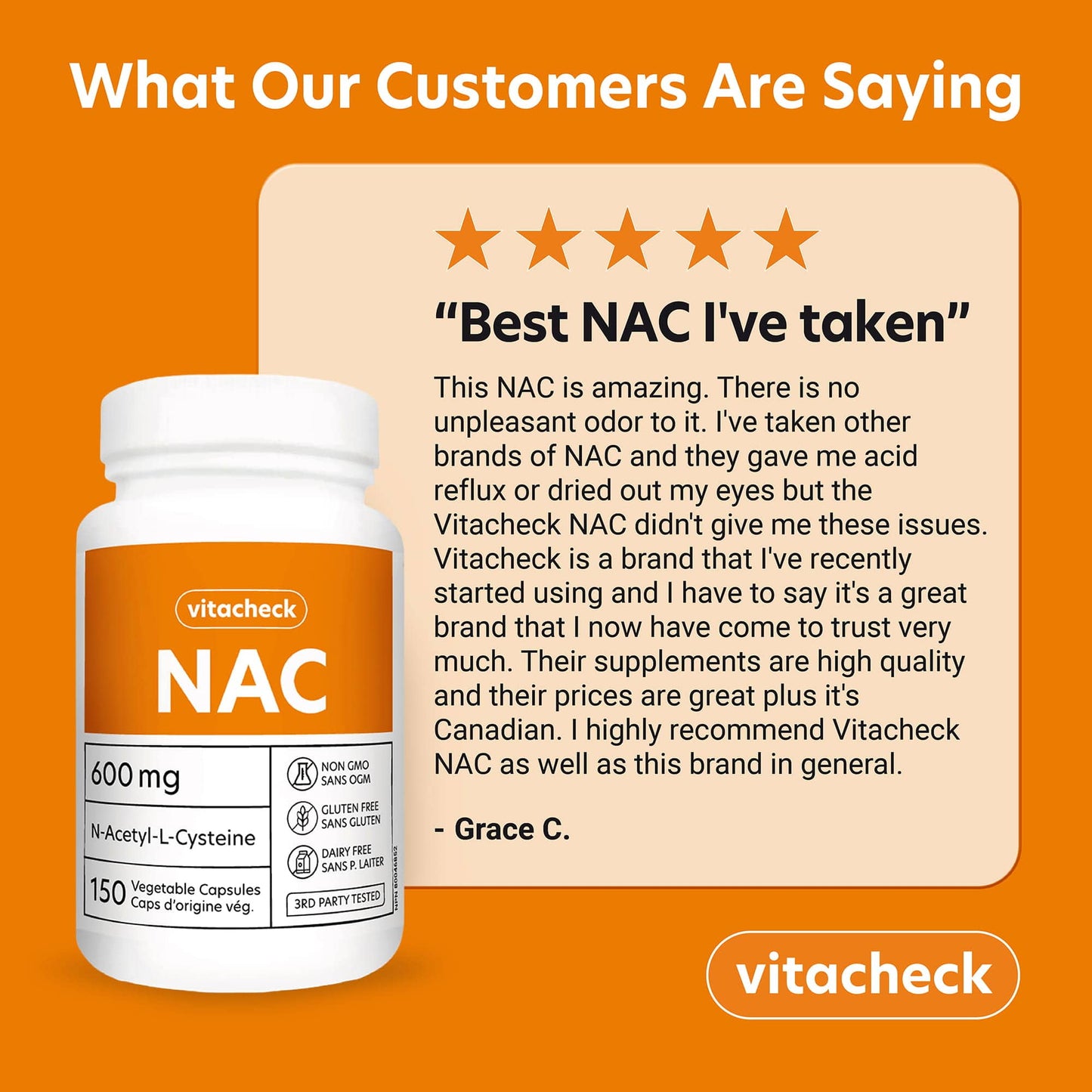 Vitacheck NAC 600mg Capsules, N Acetyl L-Cysteine, Immune Health, Supports Lung and Liver Health, 150 Vegetable Capsules