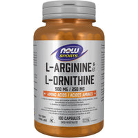 NOW L-Arginine and L-Ornithine 500mg/250mg, Amino Acids for Circulation and Recovery, 100 Capsules