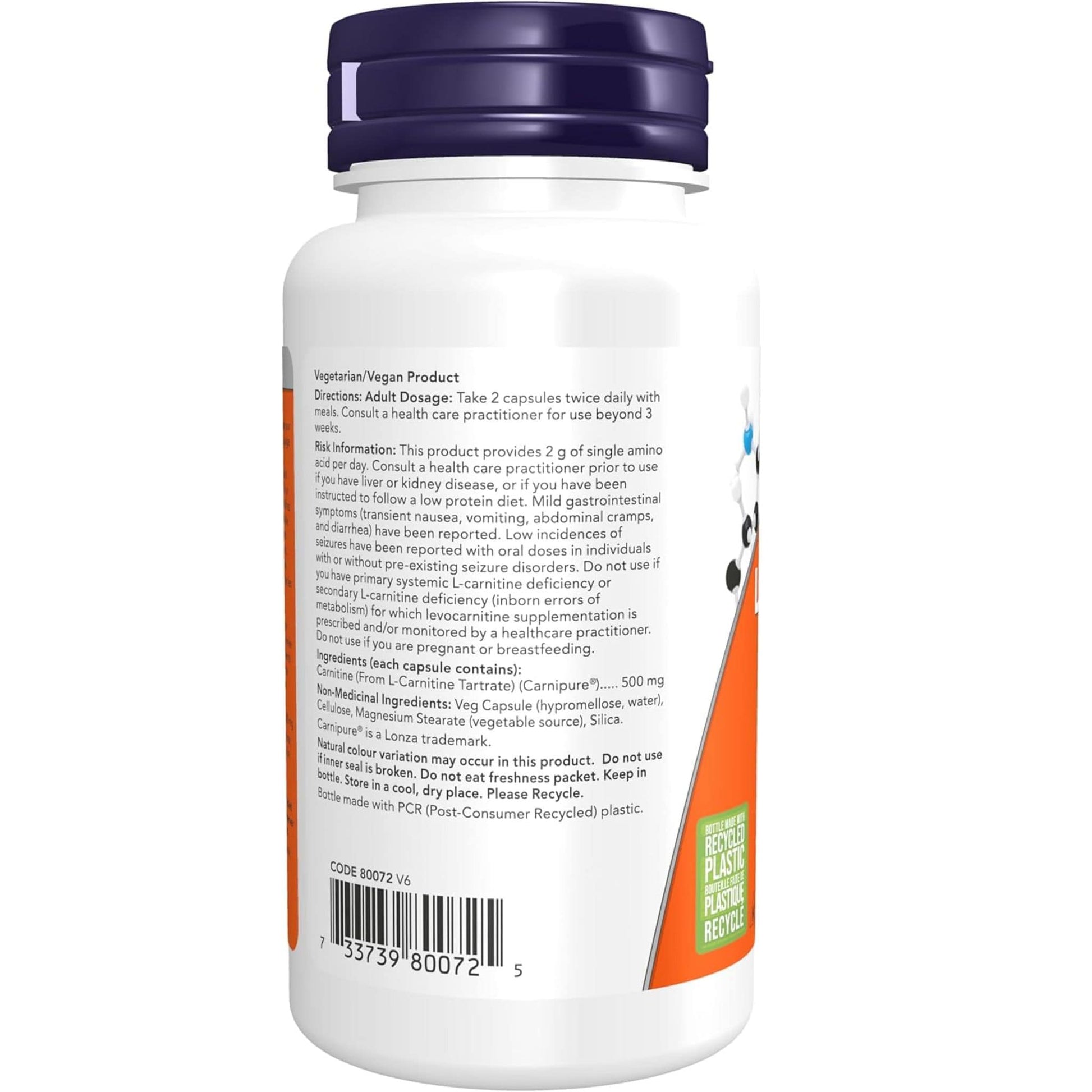 180 Vegetable Capsules | NOW L-Carnitine 500 mg Carnipure