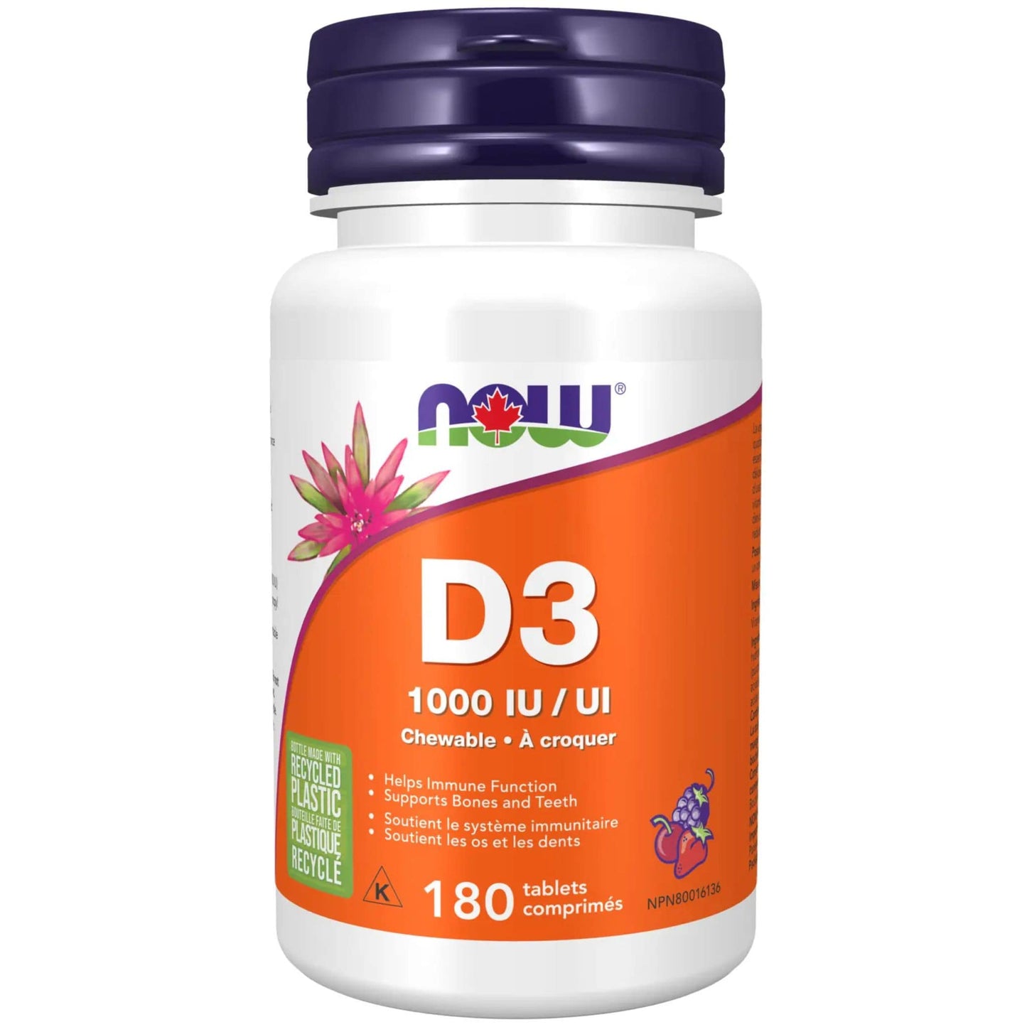 Natural Fruit Flavour, 180 Chewable Tablets | NOW Chewable Vitamin D3 1000 IU