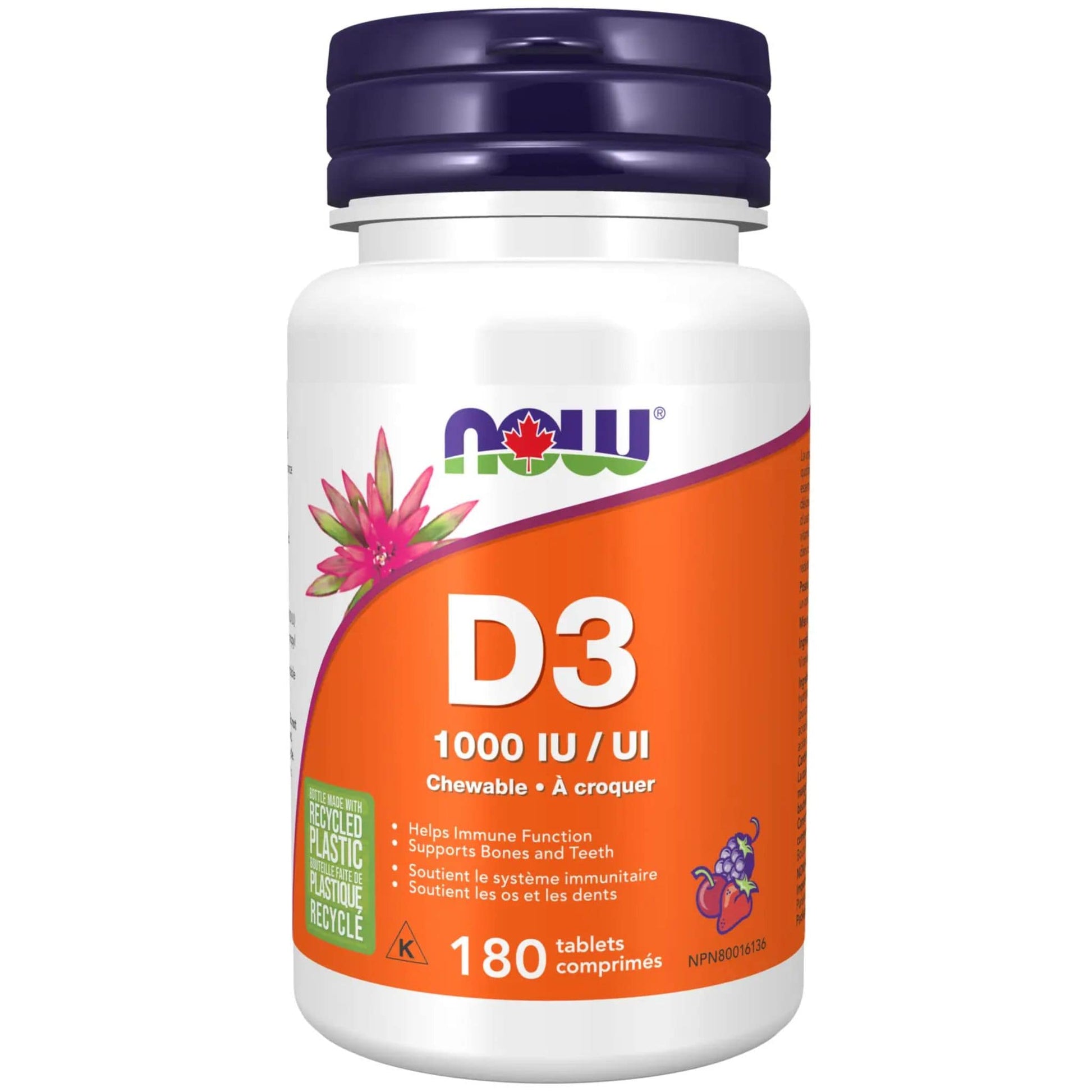 Natural Fruit Flavour, 180 Chewable Tablets | NOW Chewable Vitamin D3 1000 IU
